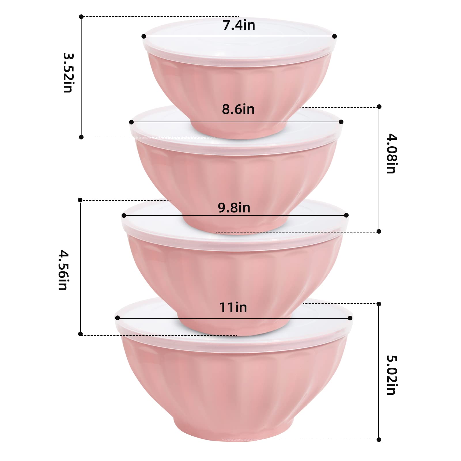 4-Piece Plastic Mixing Bowls Set with Lids - Large Nesting Microwave Safe Bowls & Egg Whisk for Baking, Cooking, Meal Prep - Perfect for Kitchen, Home Baking & Food Storage (Pink)