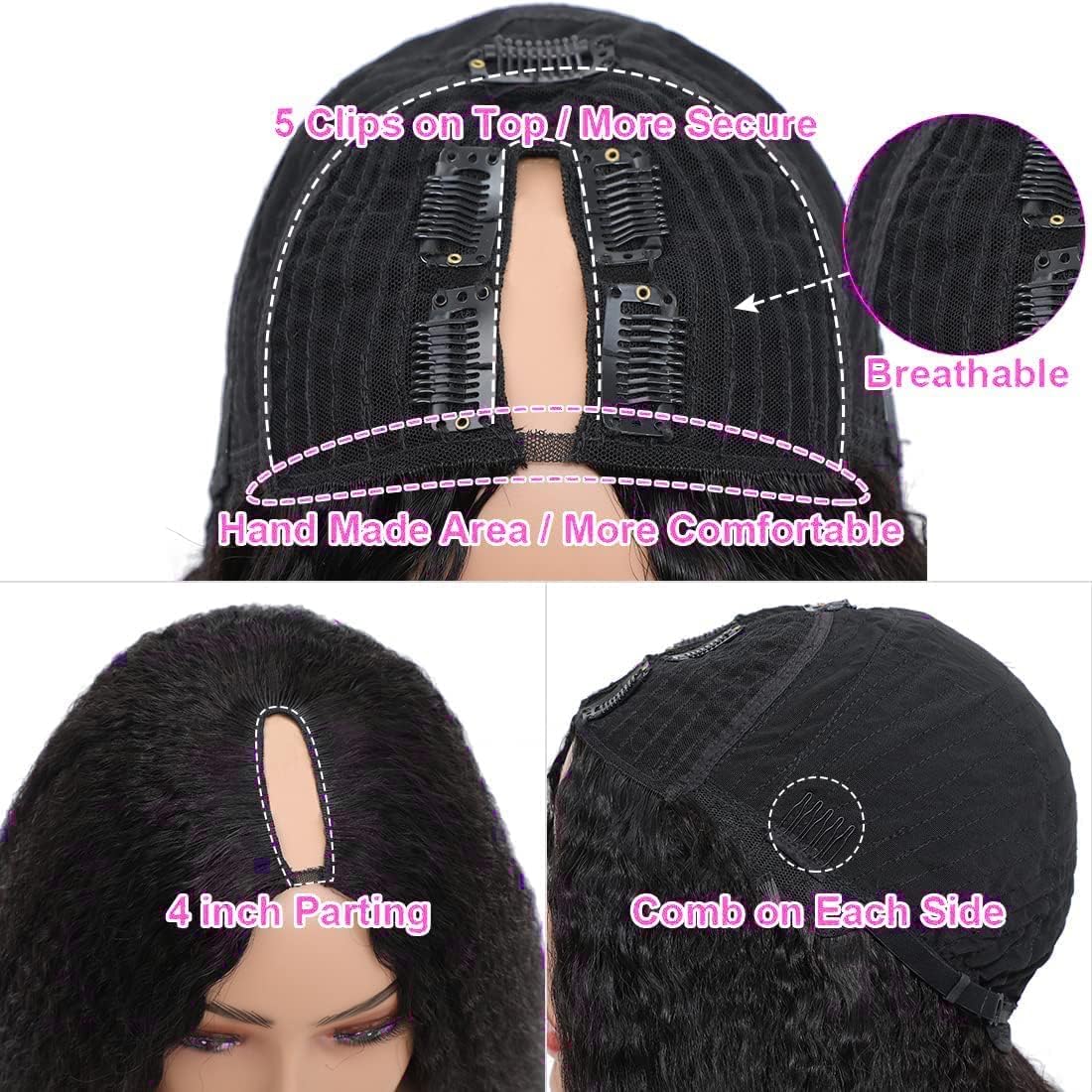 V Part Wig Human Hair - Kinky Straight & Yaki Straight Clip-In Half Wigs for Black Women | Glueless No Leave Out 180% Density | 16 Inch Natural Color | Perfect for Daily Wear, Special Occasions & Protective Styling