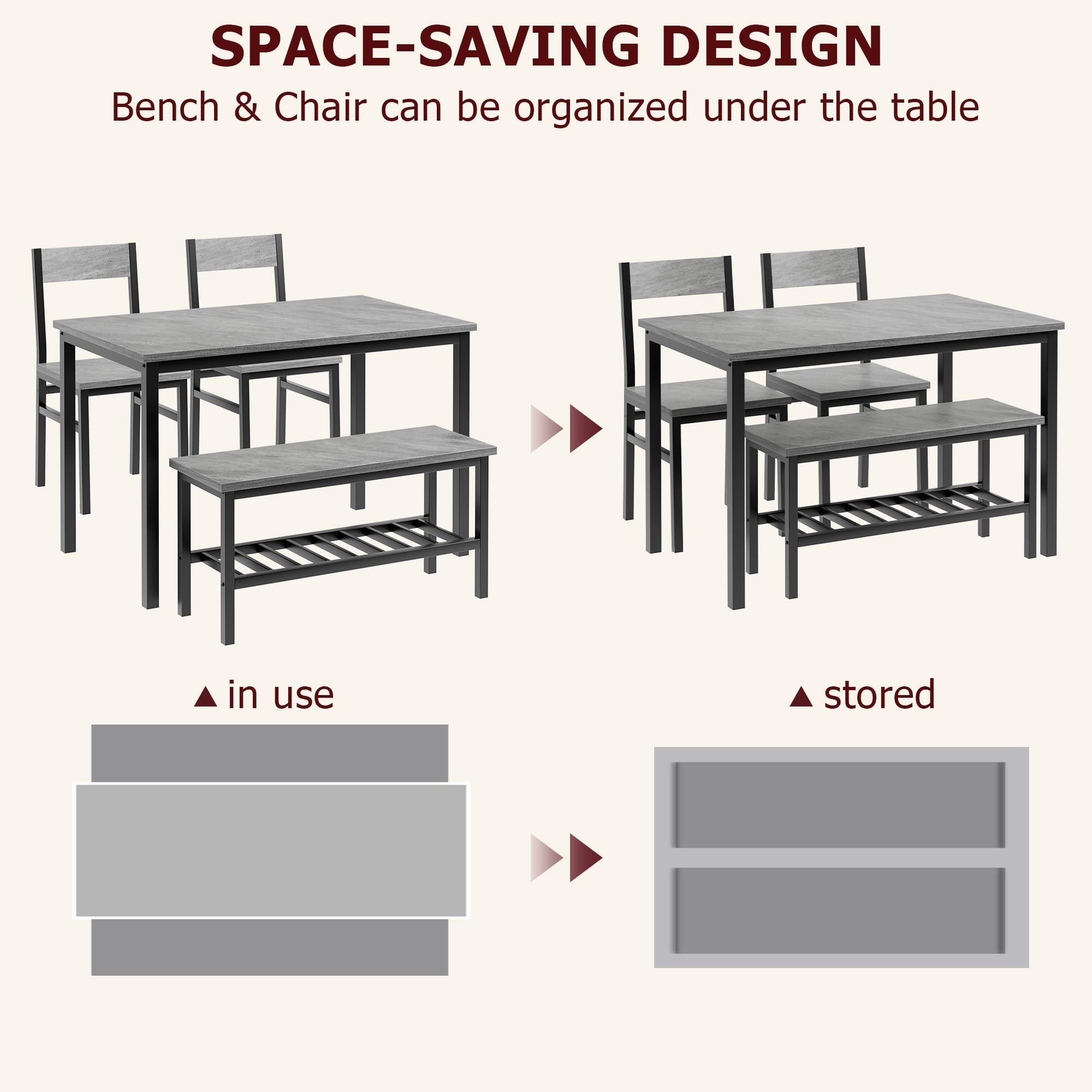 IDEALHOUSE 4-Piece Dining Table Set with 2 Chairs & Storage Bench - Space-Saving Kitchen Table for Small Apartments, Breakfast Nook & Compact Homes (Gray) | Perfect for Family Meals, Entertaining Guests & Cozy Dining Spaces