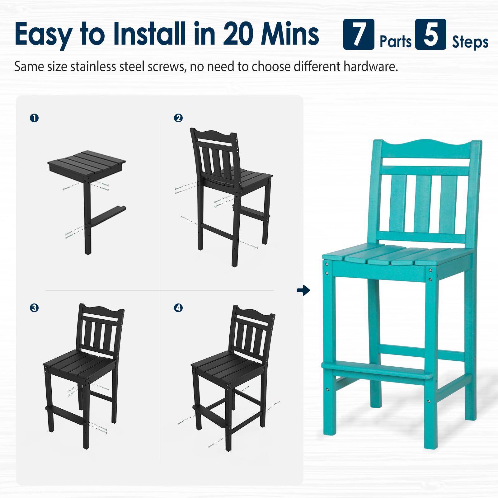 nalone Outdoor Bar Stools Set of 2 - Weather-Resistant HDPE Adirondack Bar Height Chairs for Patio, Deck, Garden & Backyard | Perfect for Poolside, BBQ Parties & Outdoor Entertaining (Aruba Style, Bar Stool Pair)