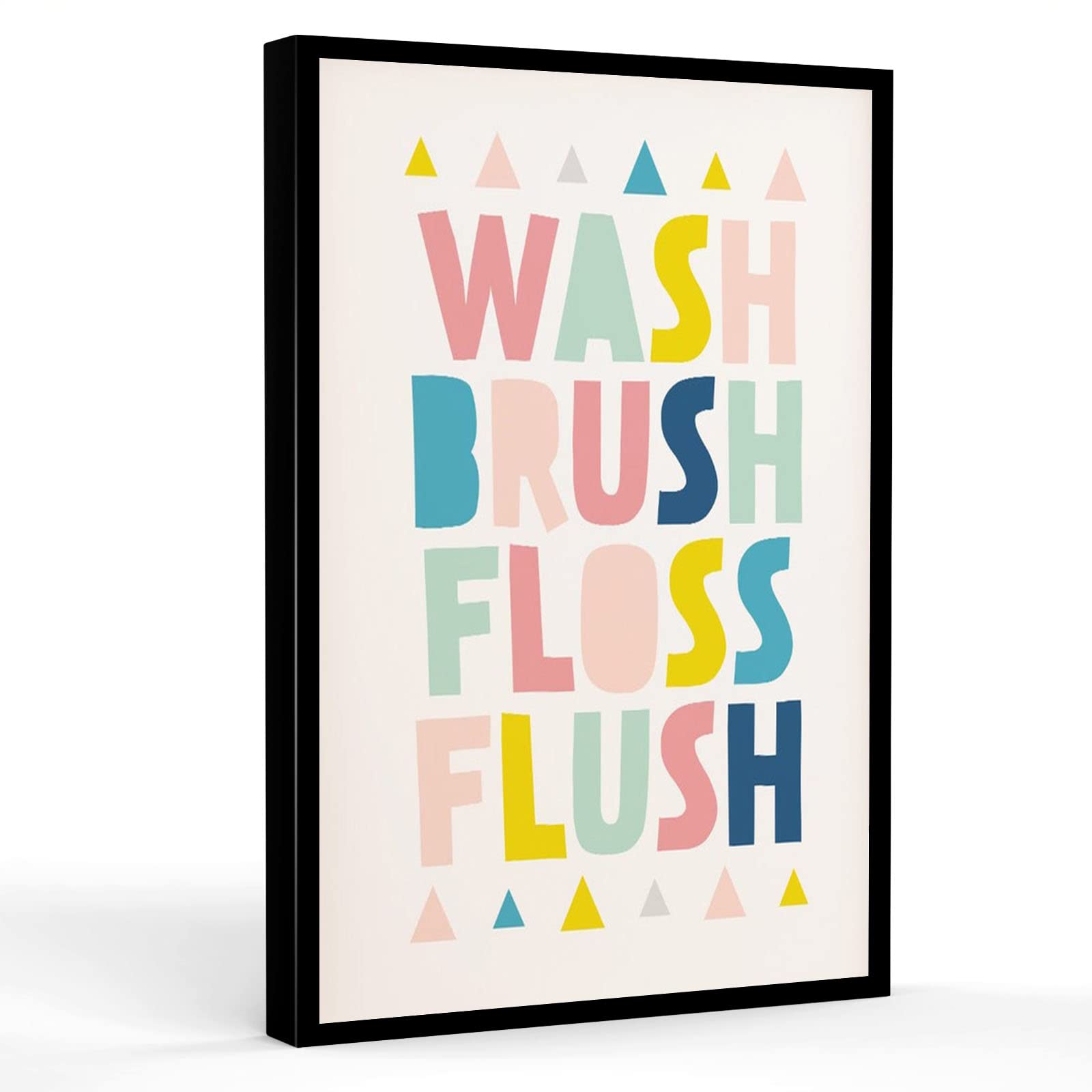 Kids Bathroom Wall Art - 12x18 Inch Framed Canvas Decor with Wash Brush Floss Flush Sign, Printable for Bedroom, Office & Kitchen - Perfect for Family Homes and Modern Interior Design