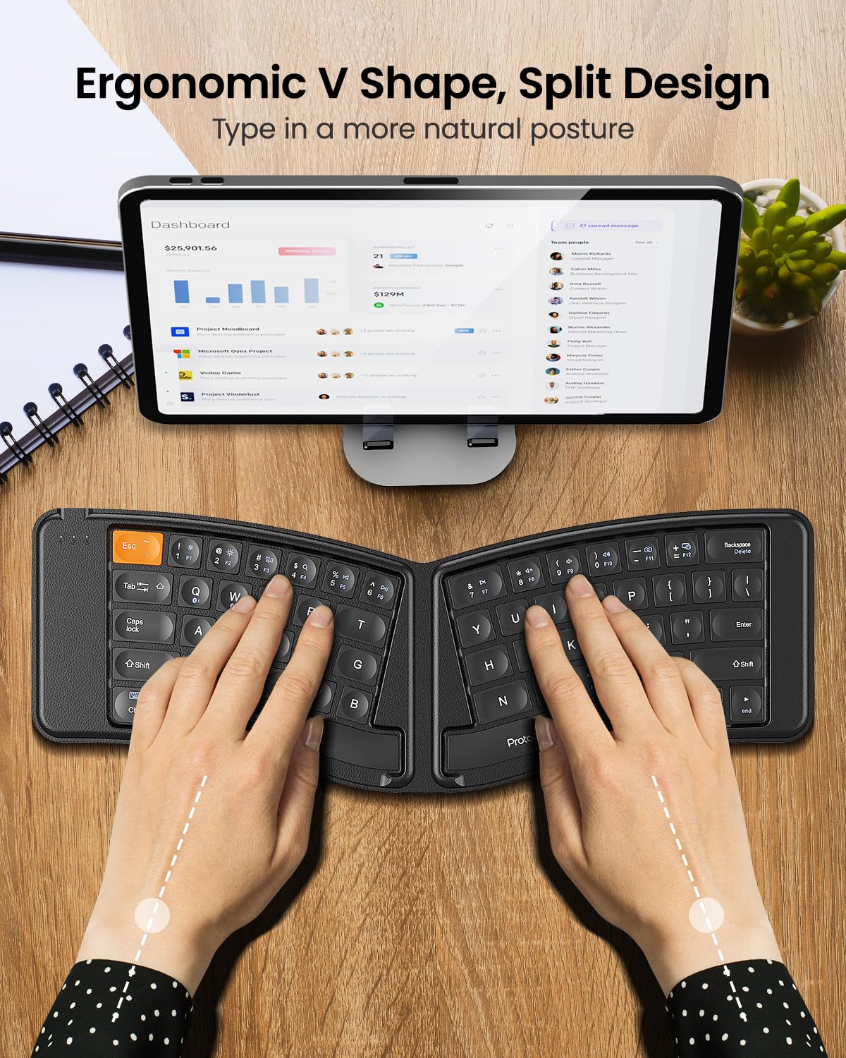 ProtoArc XKM03 Ergonomic Foldable Bluetooth Keyboard & Mouse Combo - Portable Split Design, 3 Bluetooth Connections, Rechargeable for iPad, Tablet, iPhone, Laptop - Perfect for Business Travel & Remote Work