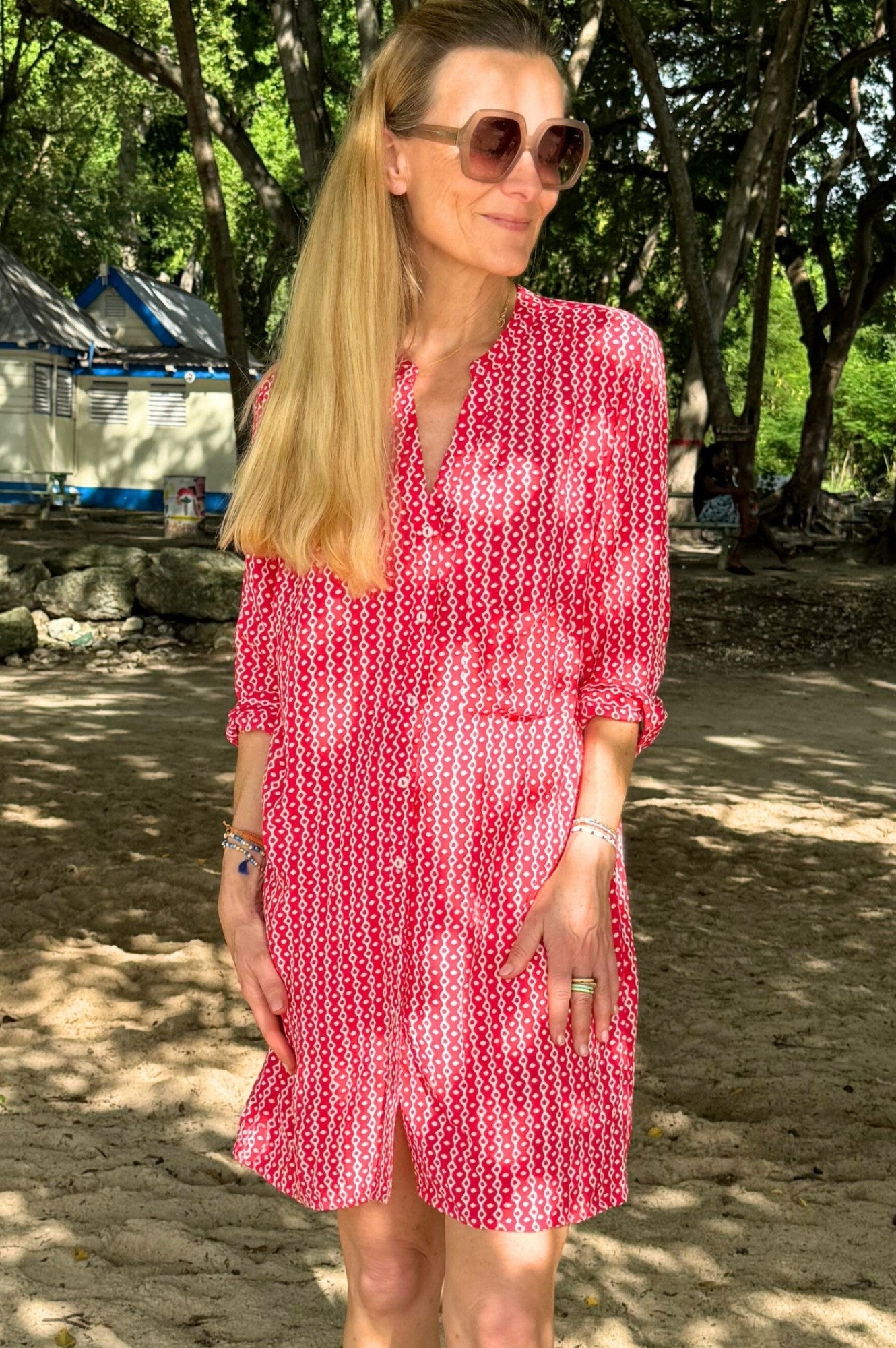 Mila Shirt Tunic for Women - Santorini Red & White Floral Print Summer Blouse | Perfect for Beach Vacations, Date Nights & Office Wear