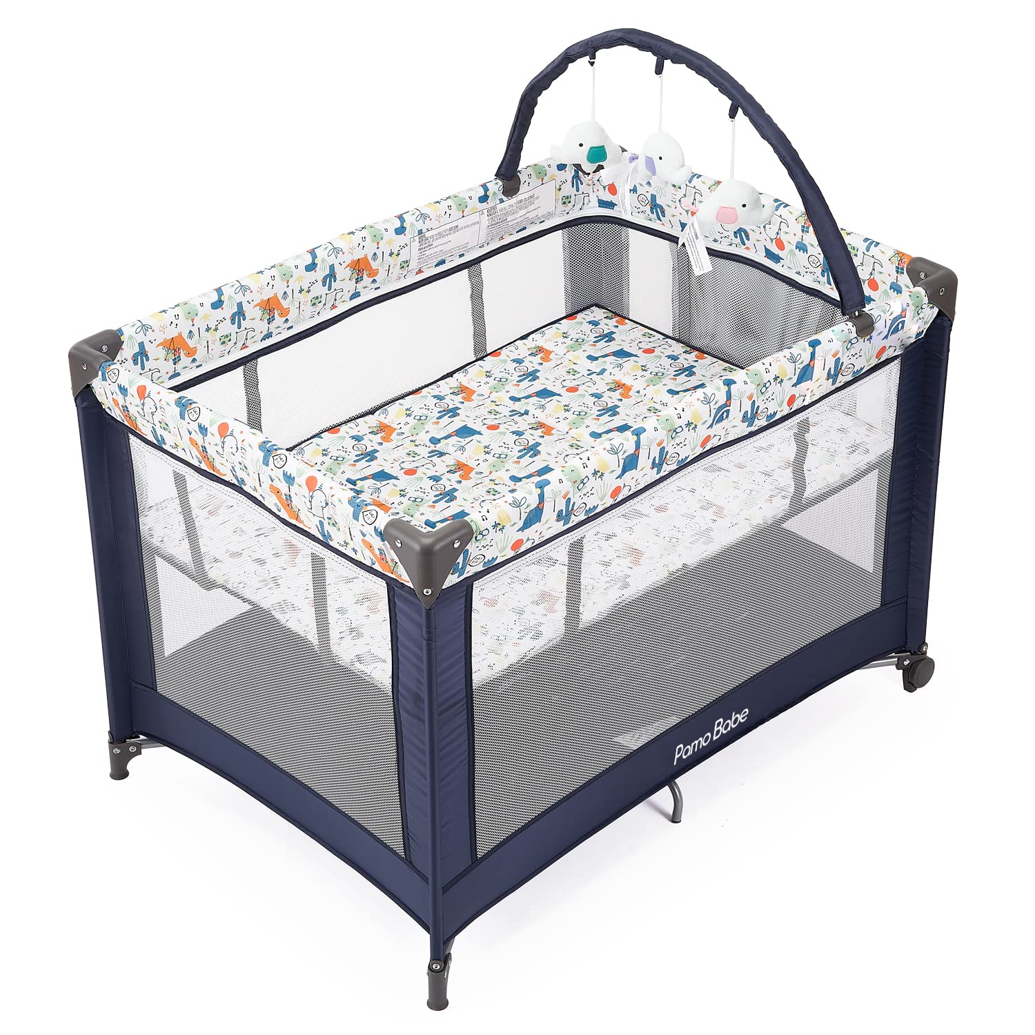 Pamo Babe Portable Baby Playpen - Lightweight Playard with Mattress & Toy Bar, Includes Soft Dinosaur Toys - Perfect for Home, Travel & Daycare Use