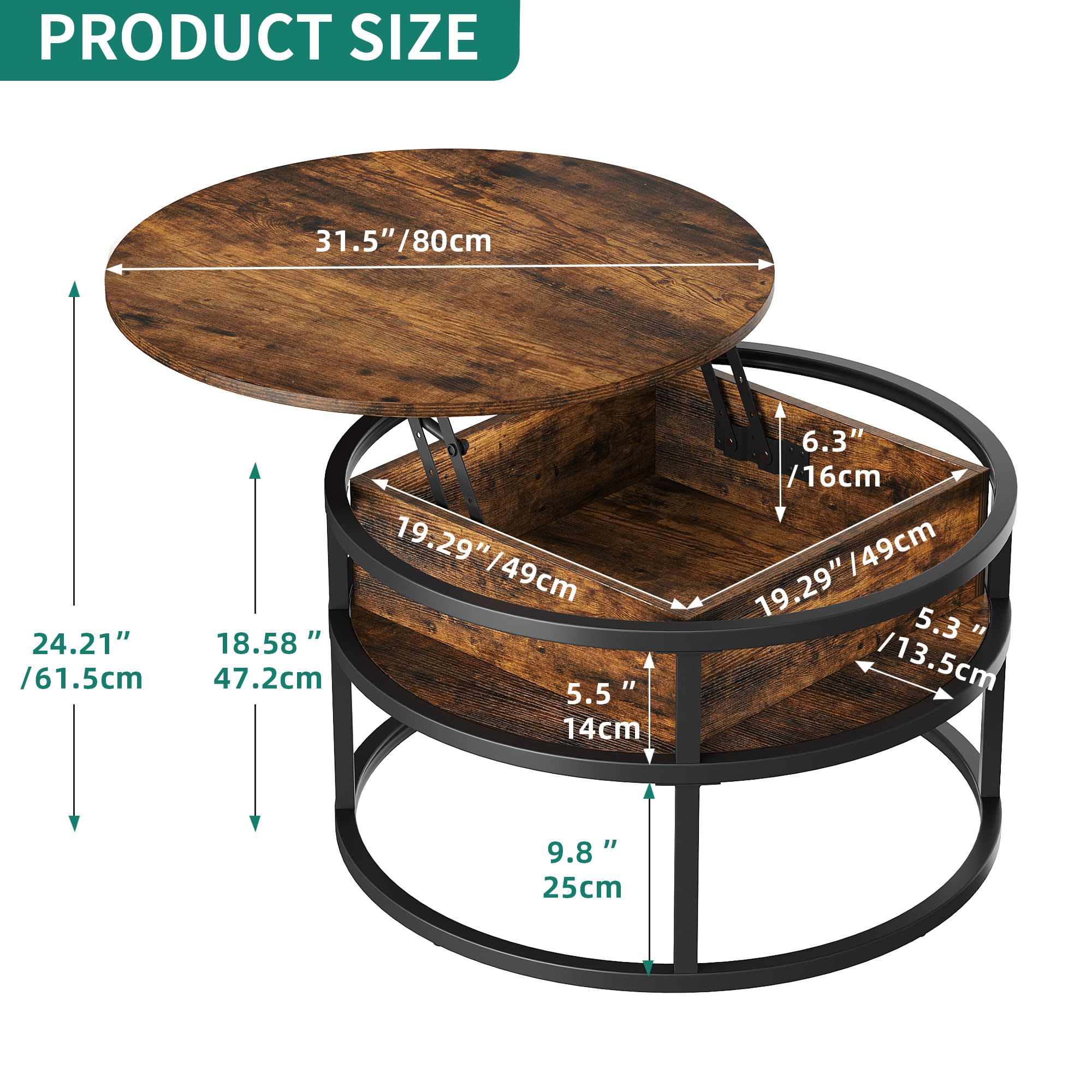 YITAHOME Round Lift Top Coffee Table with Hidden Storage Compartment - Modern Wood Center Table for Living Room, Home Office - Rustic Brown | Perfect for Small Spaces, TV Lounging & Entertaining Guests
