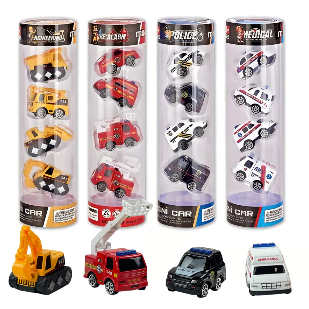 16-Piece Diecast Metal Toy Car Set with Police, Construction, Ambulance & Firetruck Vehicles - Durable Mini Trucks in 4 Storage Tubes - Perfect Gift for Kids, Birthday Party Favors & Pretend Play - Great for Home, School & Travel Playtime