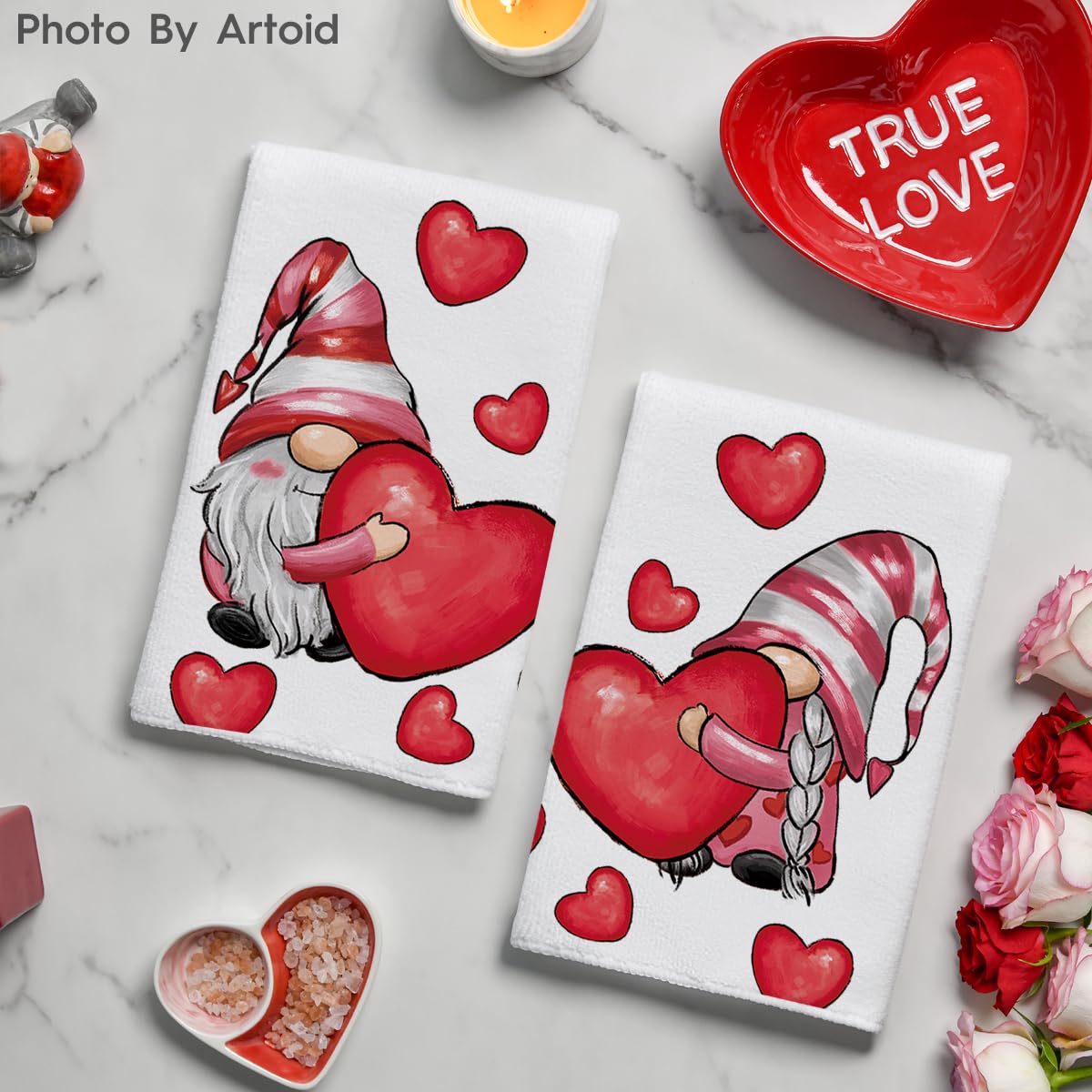 Artoid Mode Valentine's Day Gnome Kitchen Towels Set of 2 - 18x26 Inch Absorbent Dish Cloths for Seasonal Decor, Gifts & Holiday Kitchen Use