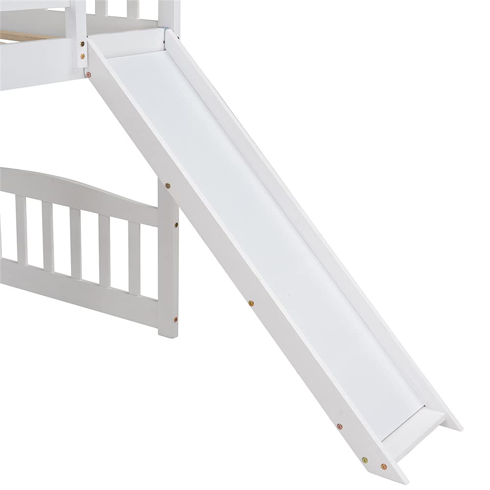 Twin Loft Bed with Staircase Storage Steps & Slide - Pinewood House-Shaped Bed Frame with Ladder & Guardrails - White Kids Bedroom Furniture for Small Spaces & Playrooms