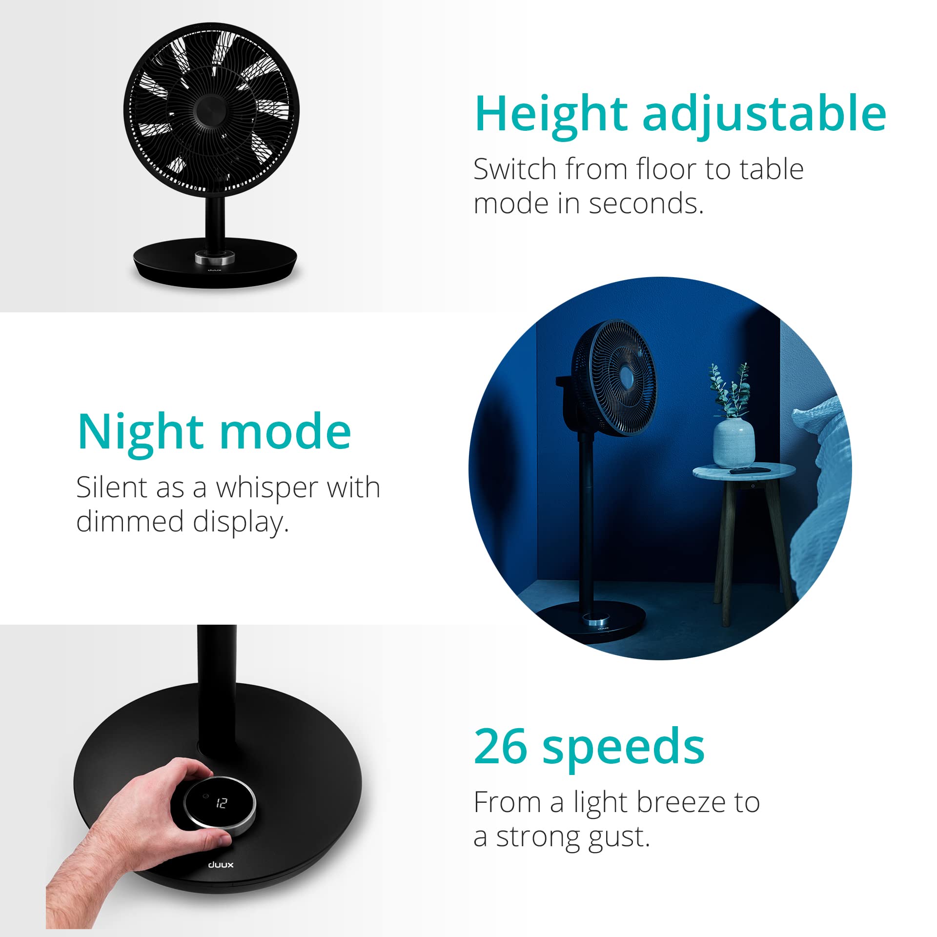 Duux Whisper Flex Smart Standing Fan - 26 Speeds, Remote Control, Night Mode, Timer - Black | Perfect for Bedroom, Living Room & Office Cooling