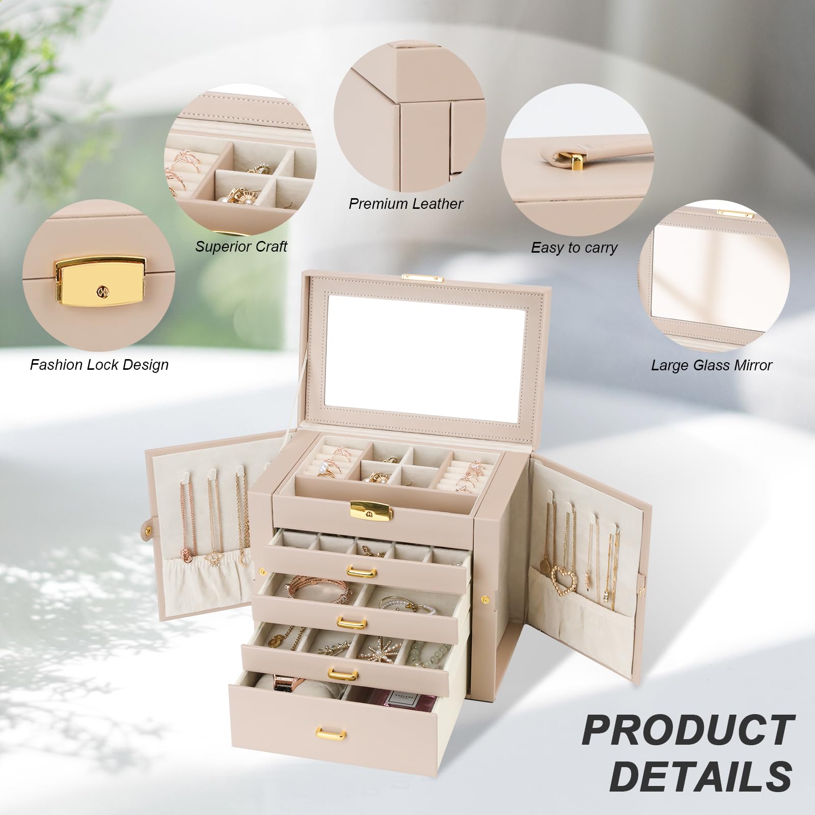 5-Layer Jewelry Organizer Box for Women - Large Jewelry Storage Case with Mirror, Perfect Jewelry Gift for Valentine's Day, Christmas, Birthday - Elegant Apricot Design for Dresser, Vanity & Travel Use