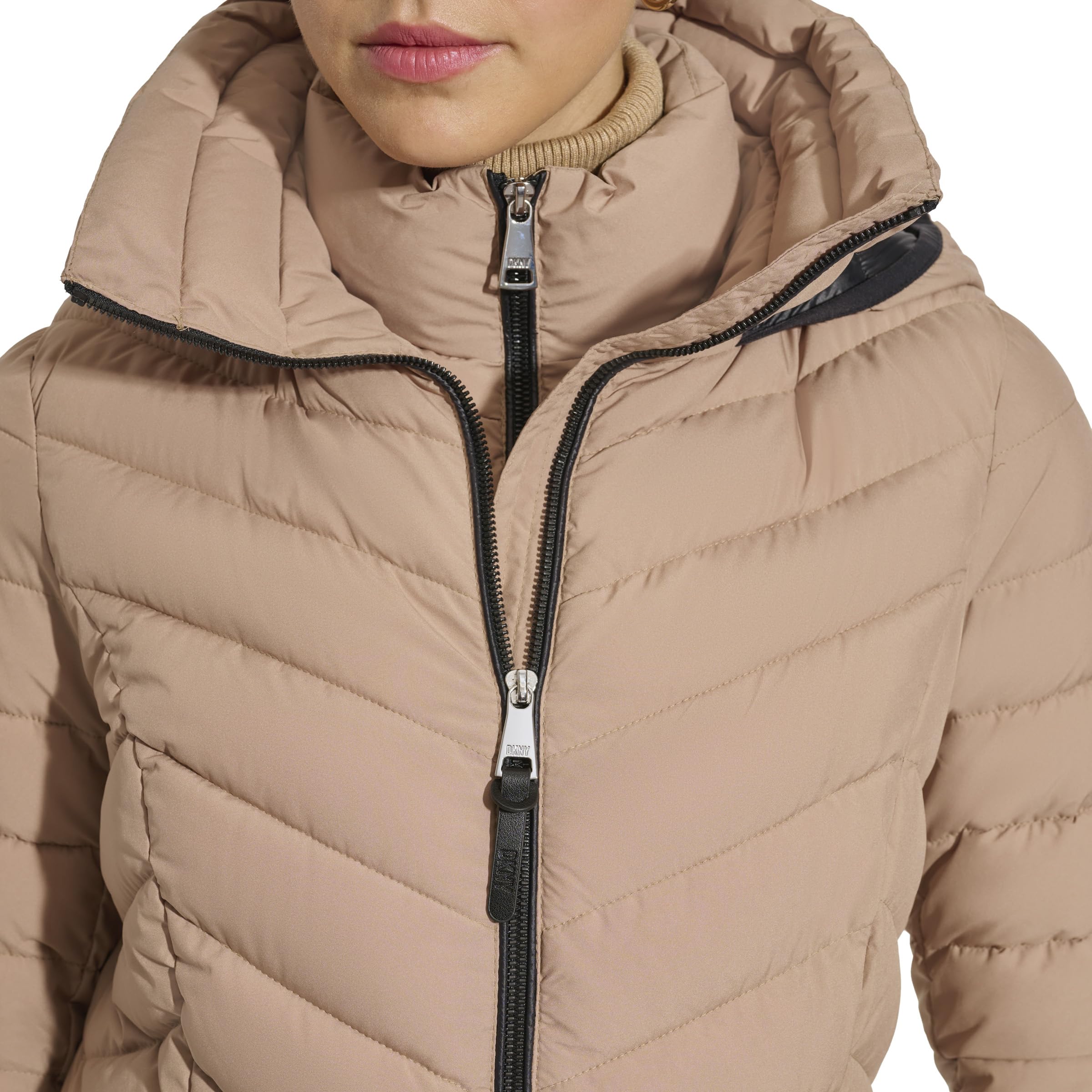 DKNY Women's Lightweight Puffer Jacket with Bib-Front Design - Stylish Winter Coat for Casual Outings & Outdoor Activities