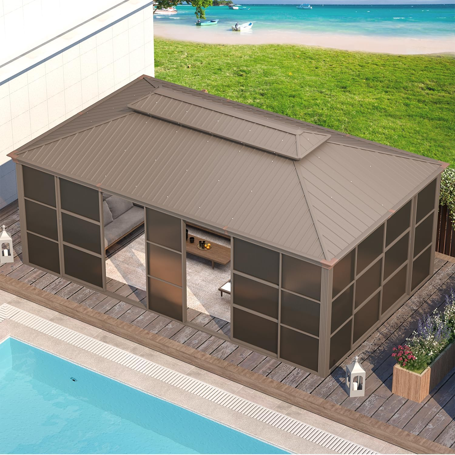 EROMMY 12X20 All-Weather Enclosed Gazebo with Sliding Door - Brown Outdoor Patio Canopy for Backyard, Garden & Deck - Perfect for Entertaining, Relaxing & Outdoor Dining