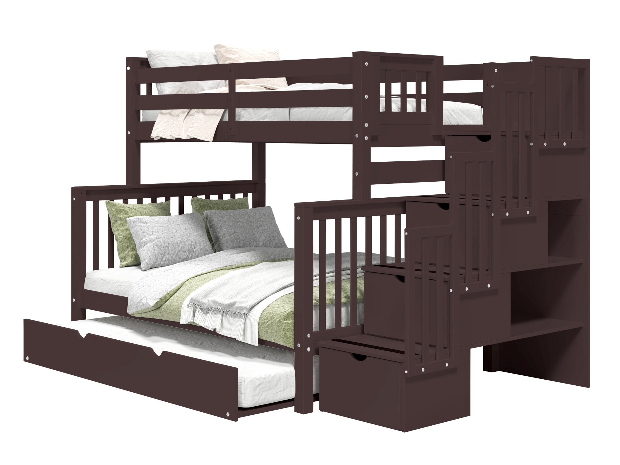 Twin Over Full Bunk Beds with Stairway & Trundle - Dark Cherry Finish | Space-Saving Kids Bedroom Furniture for Siblings or Sleepovers