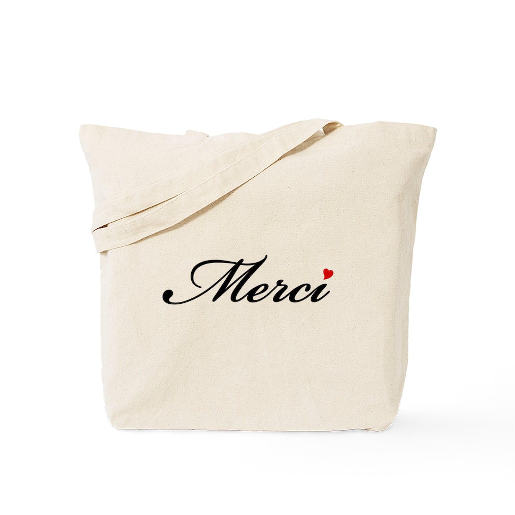 Merci French Word Art with Red Heart Tote Bag - Natural Canvas Reusable Shopping Bag for Groceries, Beach & Everyday Use