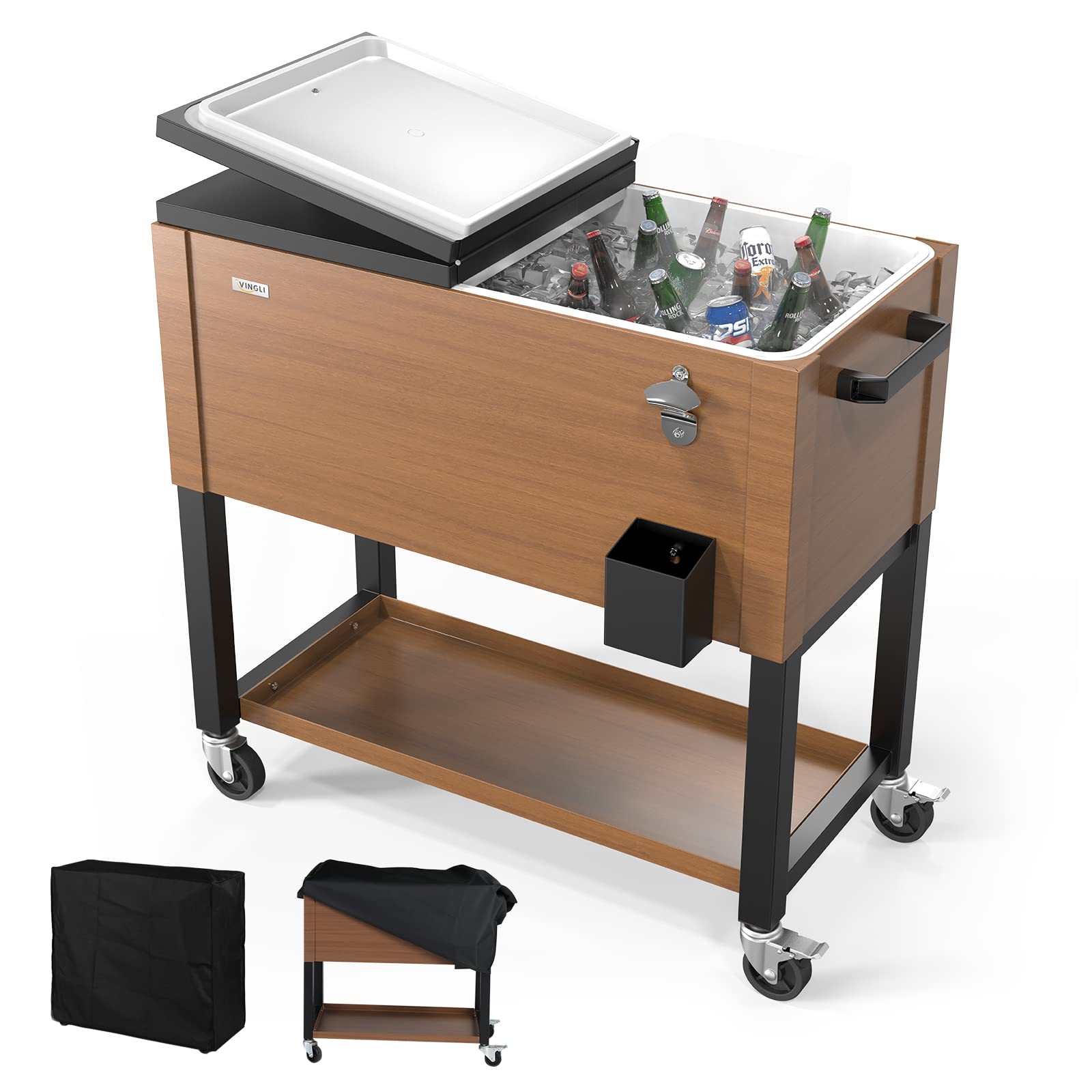 VINGLI 80 Quart Rolling Cooler with Wheels - Portable Outdoor Ice Chest for Camping, Beach, BBQ & Tailgate Parties - Heavy Duty Patio Beverage Cart for Picnics, Backyard Gatherings and Outdoor Events