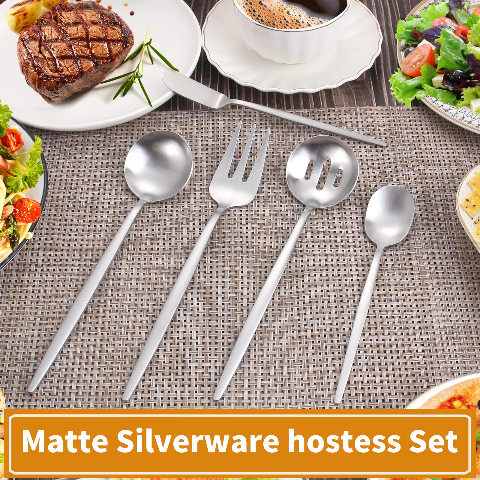 5-Piece Matte Stainless Steel Serving Utensil Set - Round Hostess Flatware with Satin Finish (Dishwasher Safe) - Perfect for Dinner Parties, Buffets & Catering Events