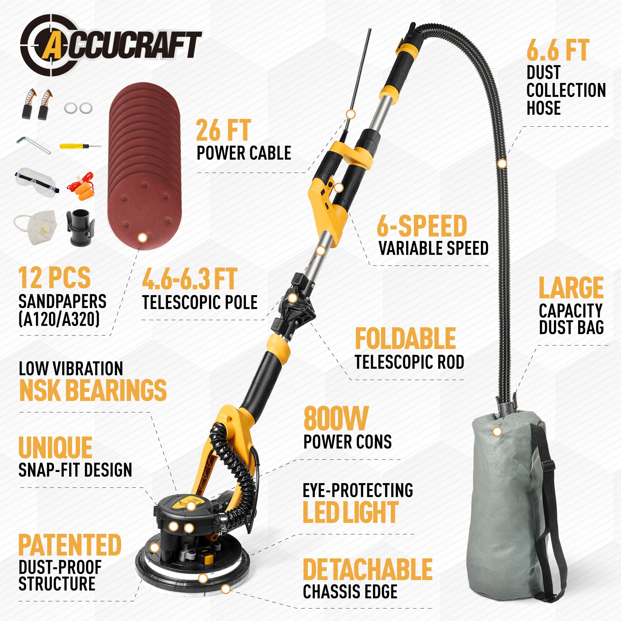 800W Electric Drywall Sander with Vacuum - 99% Dust Absorption, 6-Speed Adjustable (500-1800 RPM), 26ft Power Cord & LED Light - Perfect for Popcorn Ceiling Removal, Wall Smoothing, and Dust-Free Drywall Sanding Projects