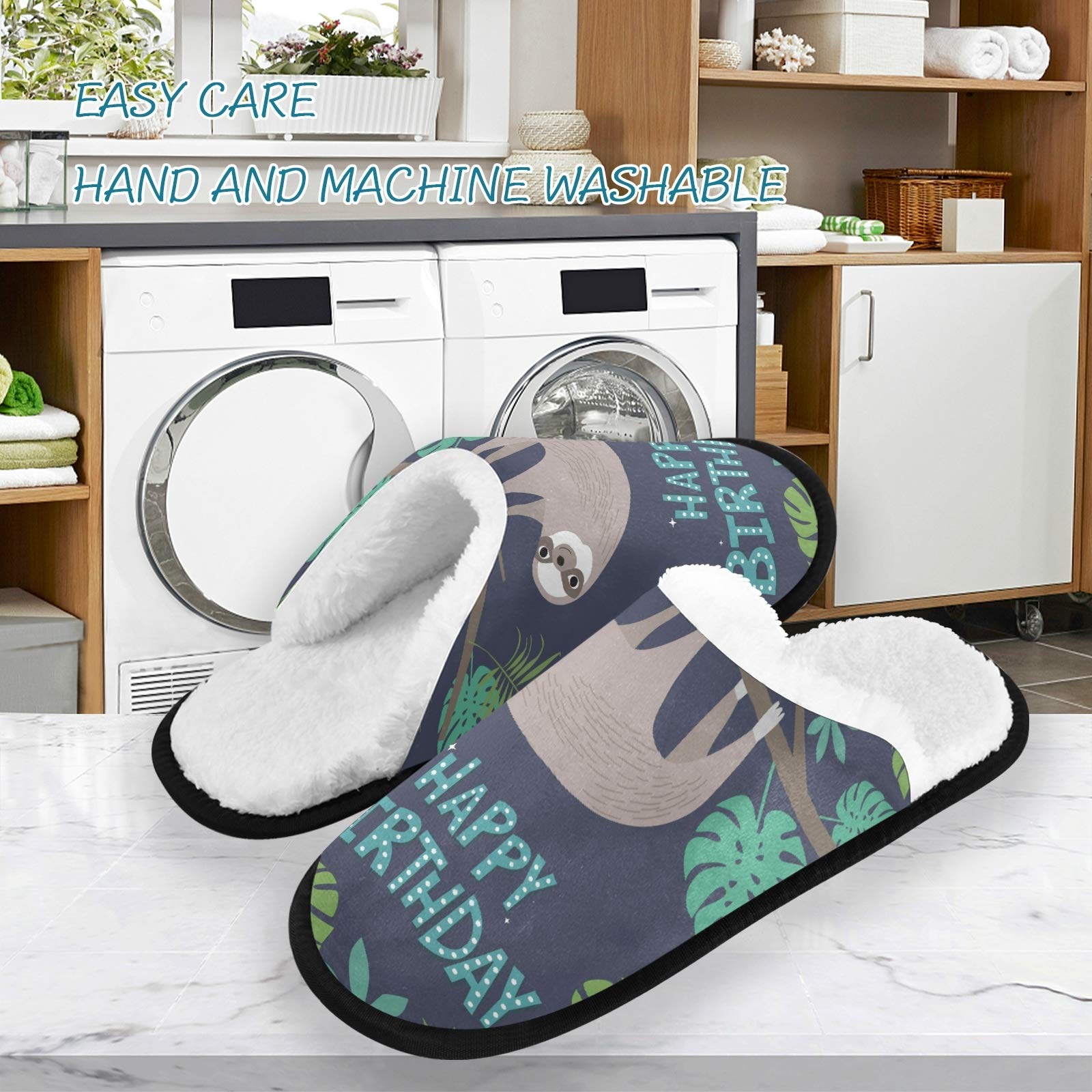 Happy Birthday Sloth Slippers - Non-Slip Palm Leaf House Shoes for Men & Women - Cozy Home, Hotel, Spa, Bedroom & Travel Comfort