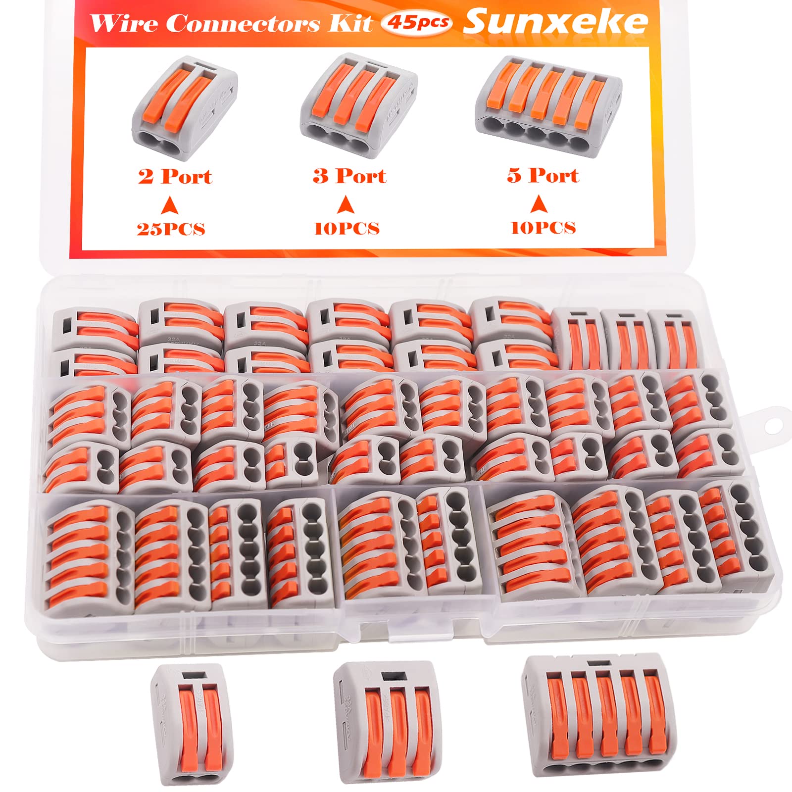 Sunxeke 45 PCS Lever Wire Connectors Kit - 28-12 AWG IDC Electrical Connectors with 2/3/5 Ports | Compact Splicing & Wire Splice Connectors for Home Electrical Wiring, DIY Projects & Automotive Repairs