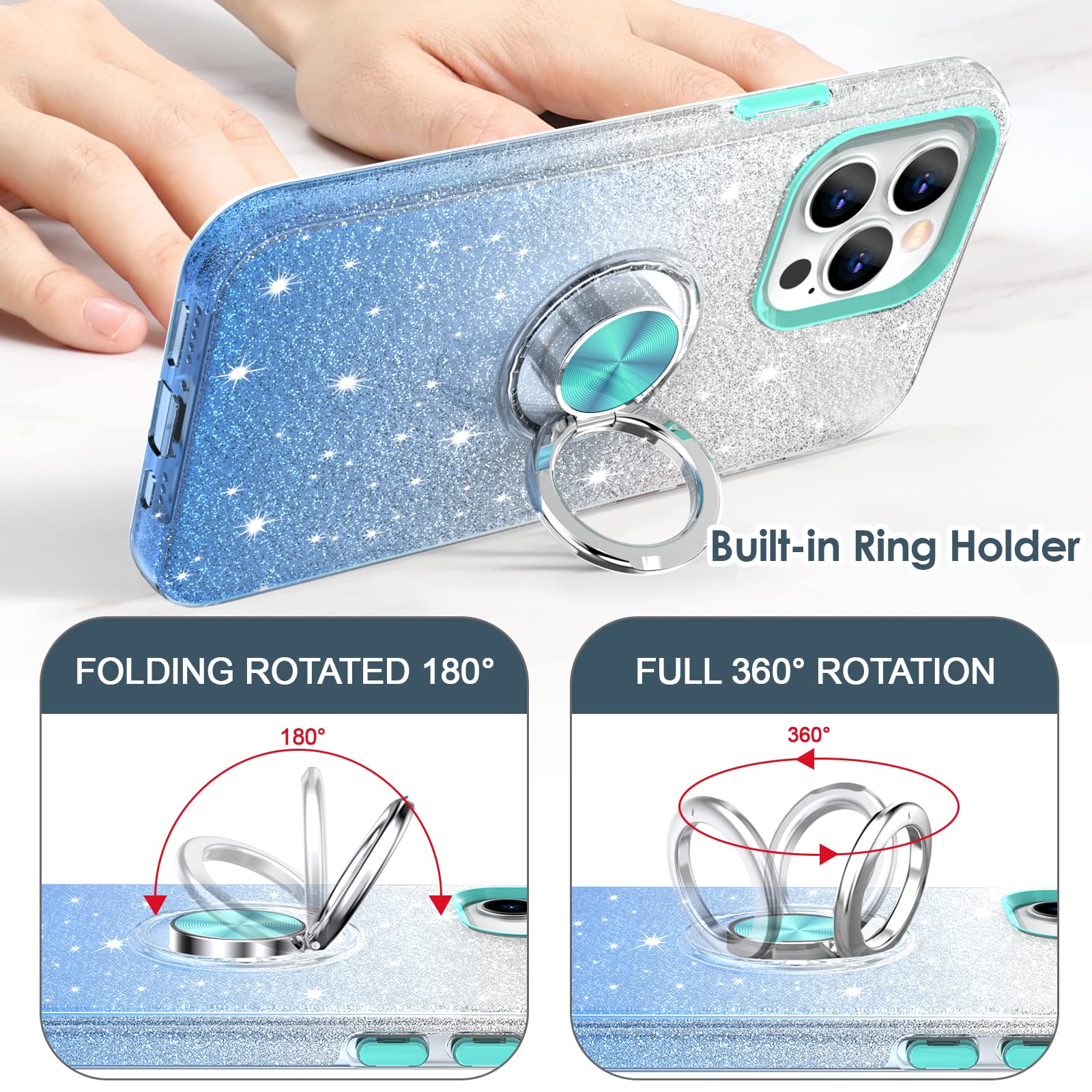 Hython Magnetic Ring Stand Case for iPhone 13 Pro Max - 360° Rotatable Kickstand, Sparkly Glitter Hybrid Cover (Blue) | Perfect for Car Mounting, Hands-Free Viewing & Everyday Protection