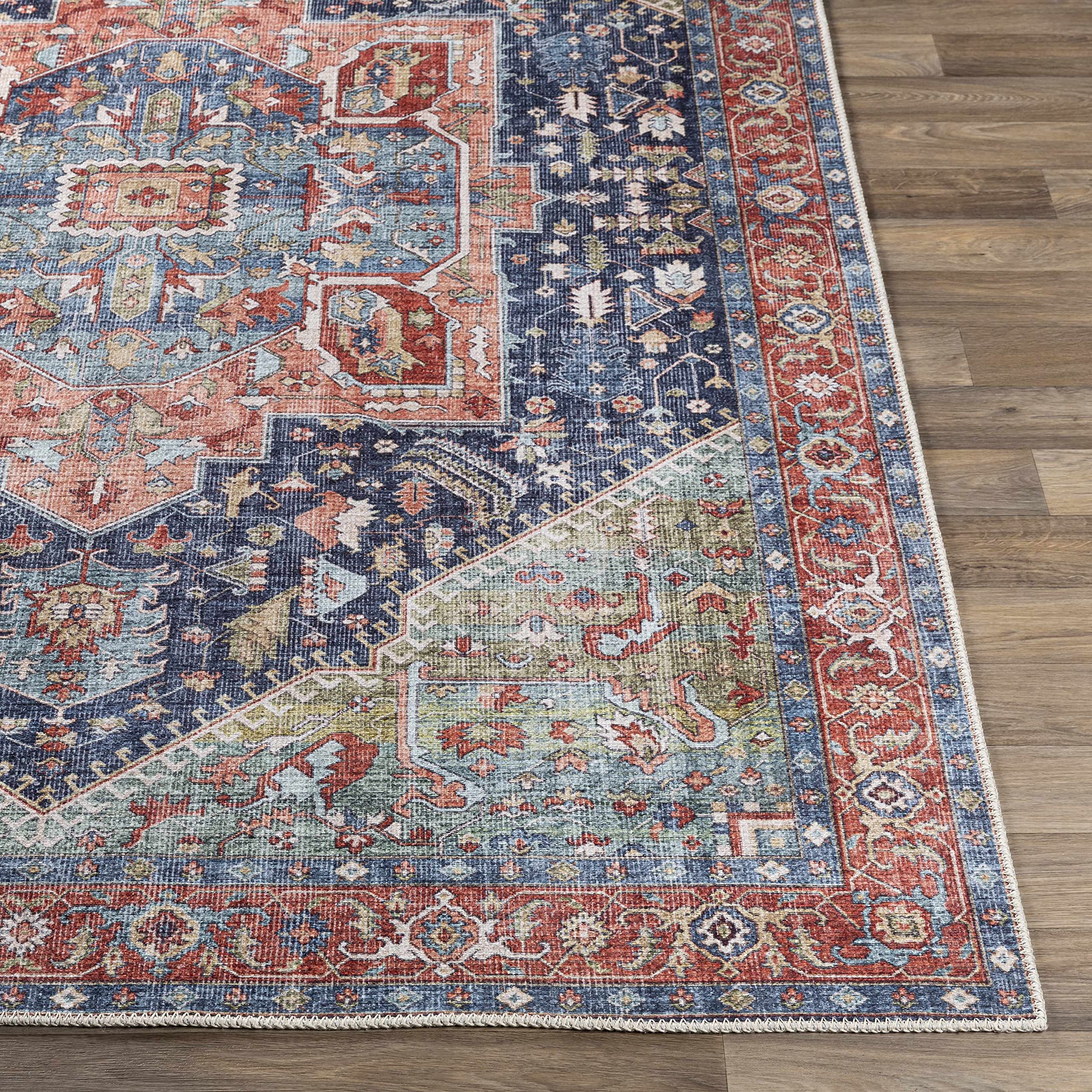 Hauteloom Exira Washable Runner Rug for Hallway & Kitchen - Traditional Design in Blue, Brick Red, Camel - 2'7