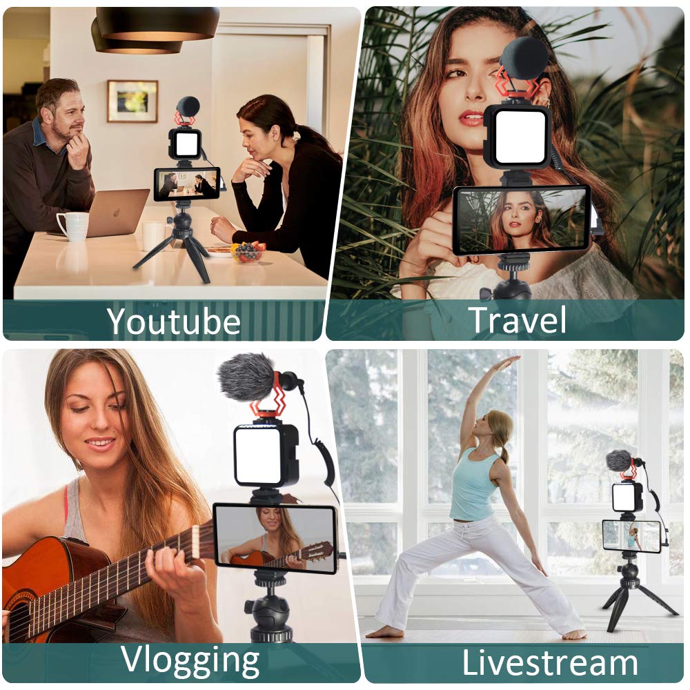 Mcoplus Professional Vlogging Kit for Smartphones - Includes Tripod, Phone Clip, LED Light, Microphone, 3.5mm/Type-C/Lightning Cables & Remote - Compatible with iPhone X, Samsung, Huawei, Sony a7 - Perfect for YouTube, TikTok, Live Streaming & Content Creation
