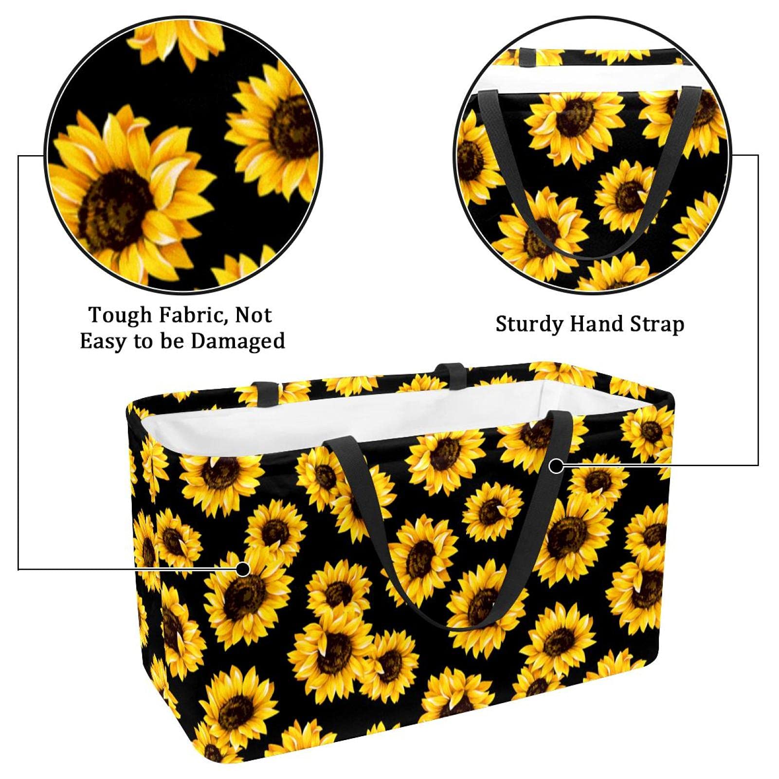 LORVIES Reusable Grocery Bags & Storage Baskets - Sunflower Pattern Collapsible Shopping Tote with Long Handle | Eco-Friendly Foldable Market Basket for Groceries, Laundry & Home Organization