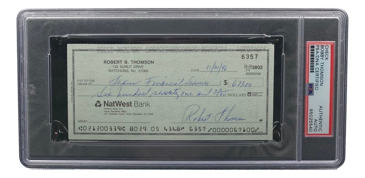Authentic Bobby Thomson New York Giants Signed Bank Check with PSA/DNA Certification 85025540 - Perfect for Sports Memorabilia Collectors and Baseball Fans