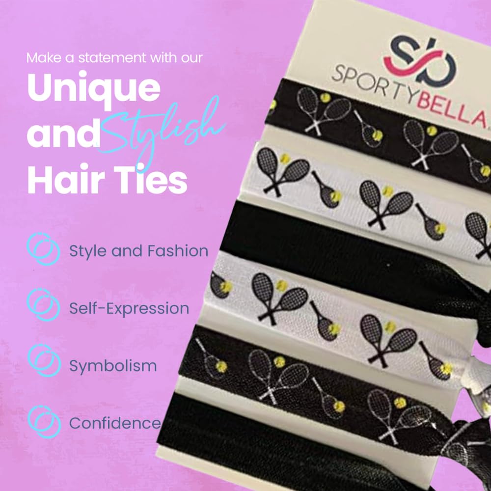 Sportybella No Crease Tennis Hair Ties for Girls - 6 Pack (Black/White) - Perfect for Young Players & Active Lifestyles
