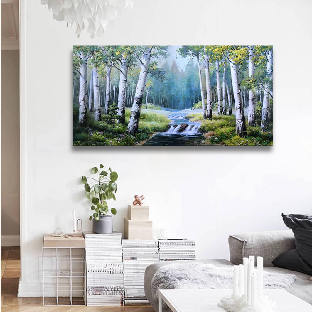 Modern Abstract Landscape Canvas Wall Art - Birch Trees, Teal Mountain River Painting 24