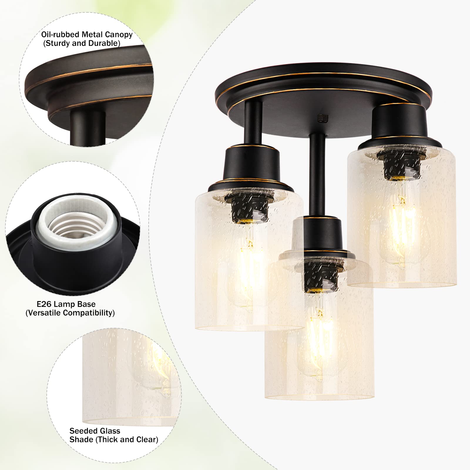 Vintage Oil-Rubbed Bronze Semi Flush Mount Ceiling Light Fixture - 3-Light Close to Ceiling Chandelier with Clear Seeded Glass Shade - Perfect for Stairs, Porch, Hallway, Entryway, Kitchen, Dining Room and Bedroom Lighting