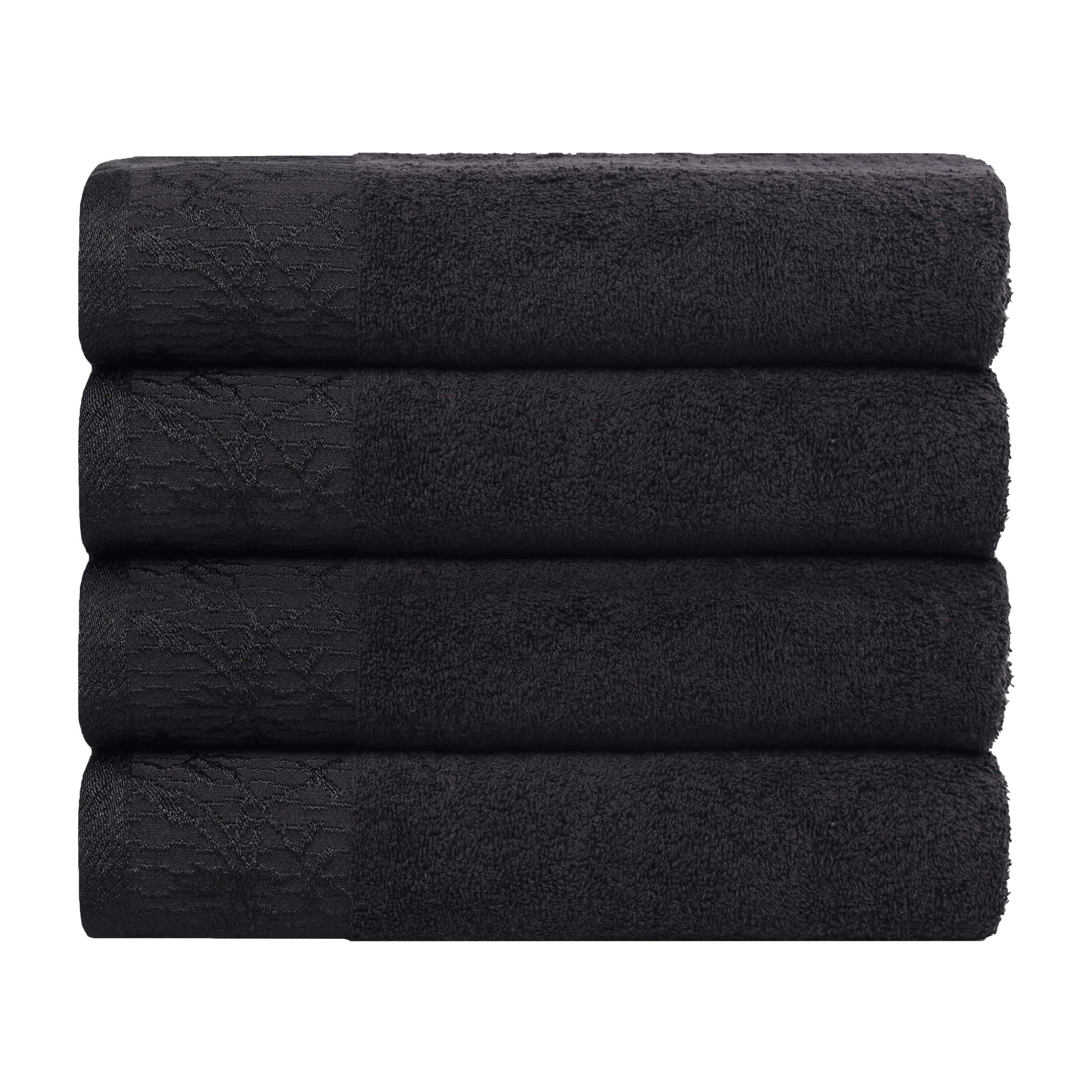 Premium Wisteria Cotton Floral Embroidered Jacquard Border Bath Towel Set of 4 - Ultra Soft & Absorbent Luxury Towels for Spa, Bathroom & Guest Use