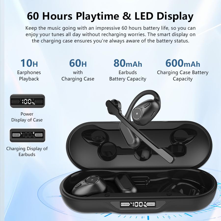 iDIGMALL A2 Open Ear Bluetooth Headset with U2 USB Dongle - Wireless Earbuds with Noise Canceling Detachable Mic & 60H Charging Case for Office, Home, Work, Driving - Perfect for Conference Calls, Remote Work & Commuting