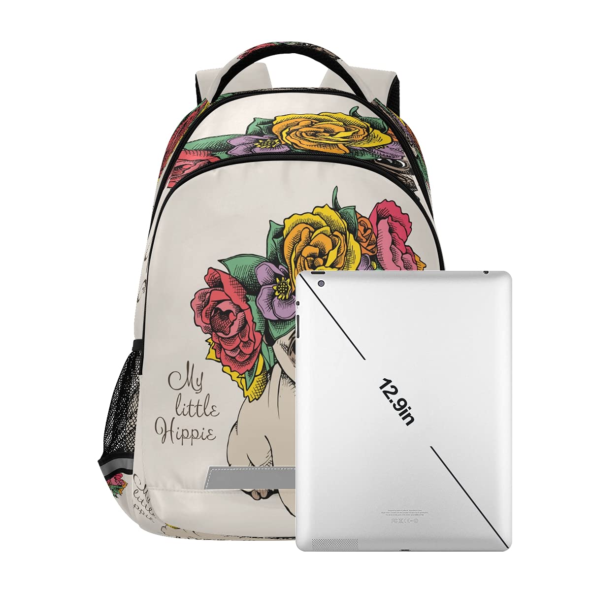 Hippie Pug Puppy with Rose Print Backpack - Cute School Bag for Girls, Boys & Teens - Lightweight Travel Backpack for College, Hiking & Daily Use