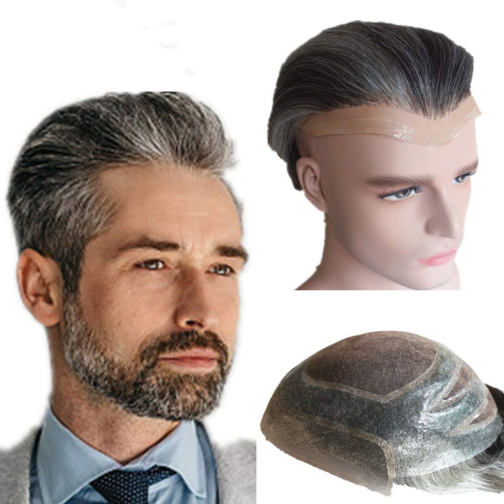 Premium 10x8 Grey Human Hair Toupee for Men - European Virgin Hair Replacement System with FPM Base - Natural Looking Hair Prosthesis for Thinning Hair & Baldness - Ideal for Daily Wear, Special Occasions & Professional Settings