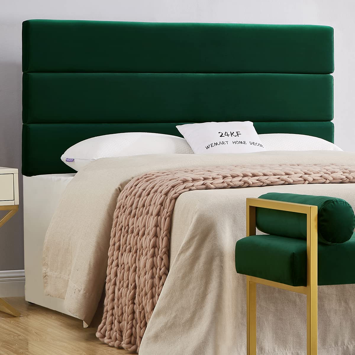 24K Gold Plated Palisades Upholstered Velvet Queen Headboard - Slim Profile Modern Design for Full/Queen Size Beds - Jade Green Luxury Bedroom Decor for Master Bedrooms & Guest Rooms