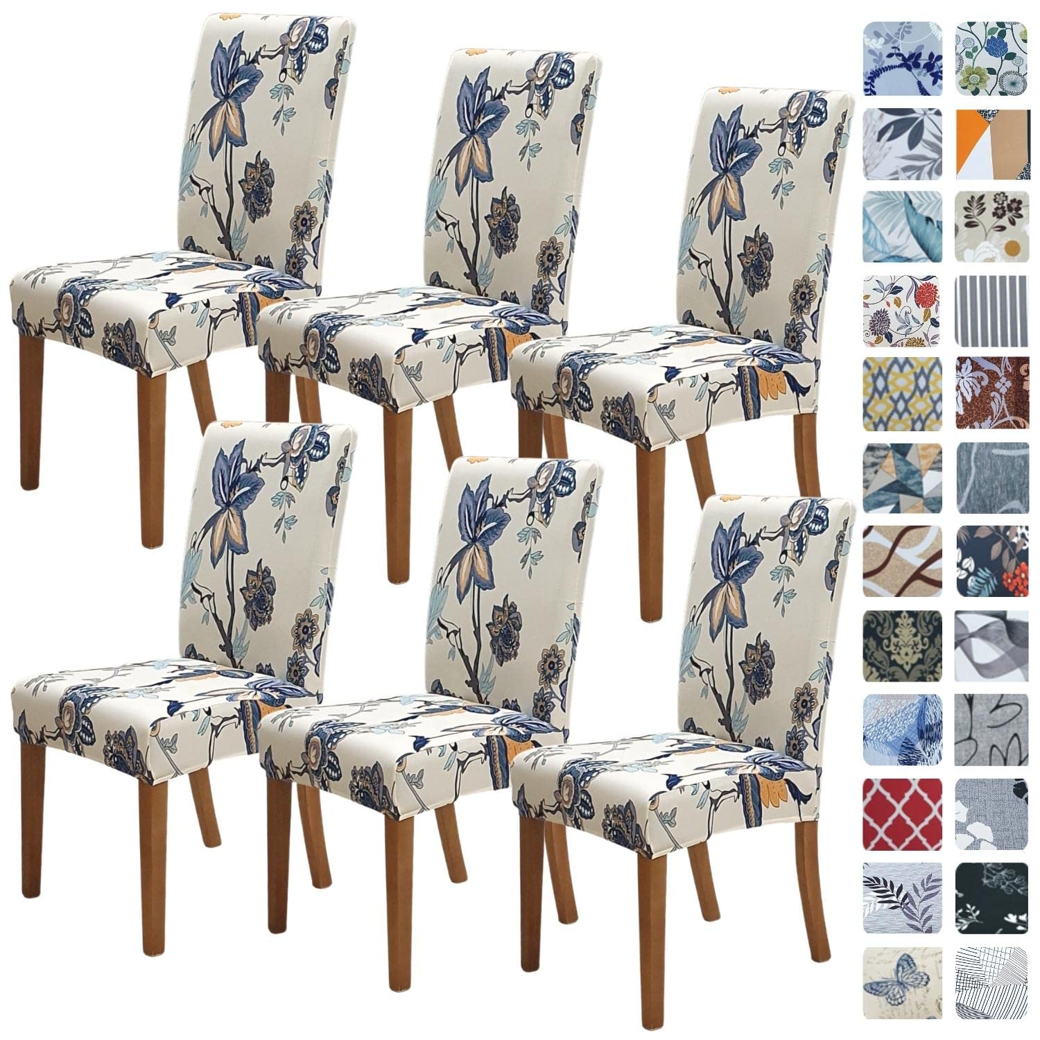 SPRINGRICO 6-Pack Stretch Dining Chair Covers - Washable Spandex Slipcovers for Kitchen & Parsons Chairs - Removable Seat Protector for Home, Party & Restaurant Use (Flower Pot Design, Set of 6)