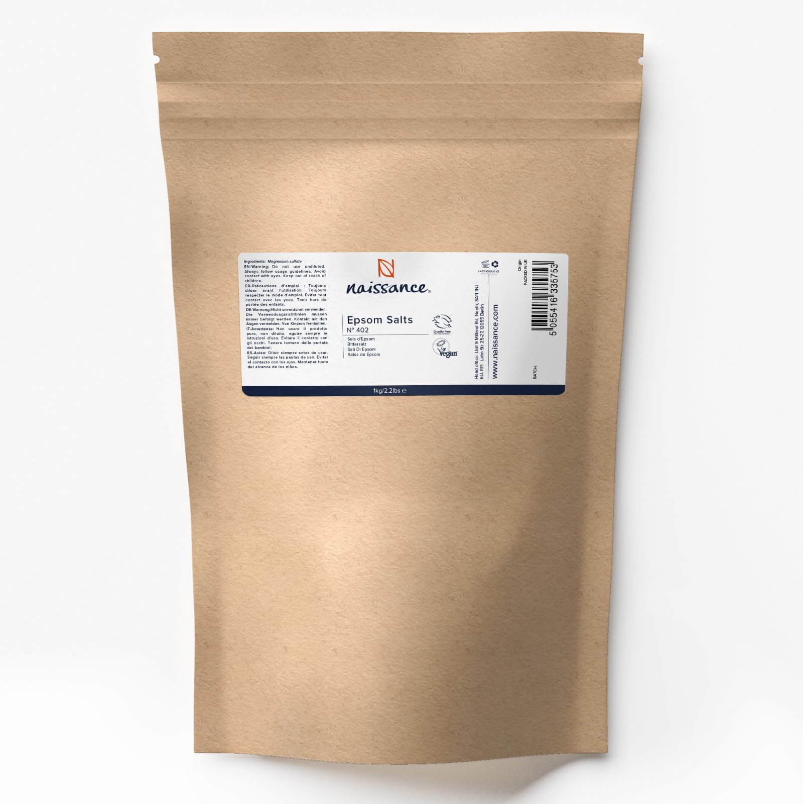 Naissance Epsom Salts 1kg (2.2 lbs) 100% Pure Magnesium Sulfate - For Relaxation, Muscle Relief & Detox Baths | Spa, Beauty & Home Wellness Essential