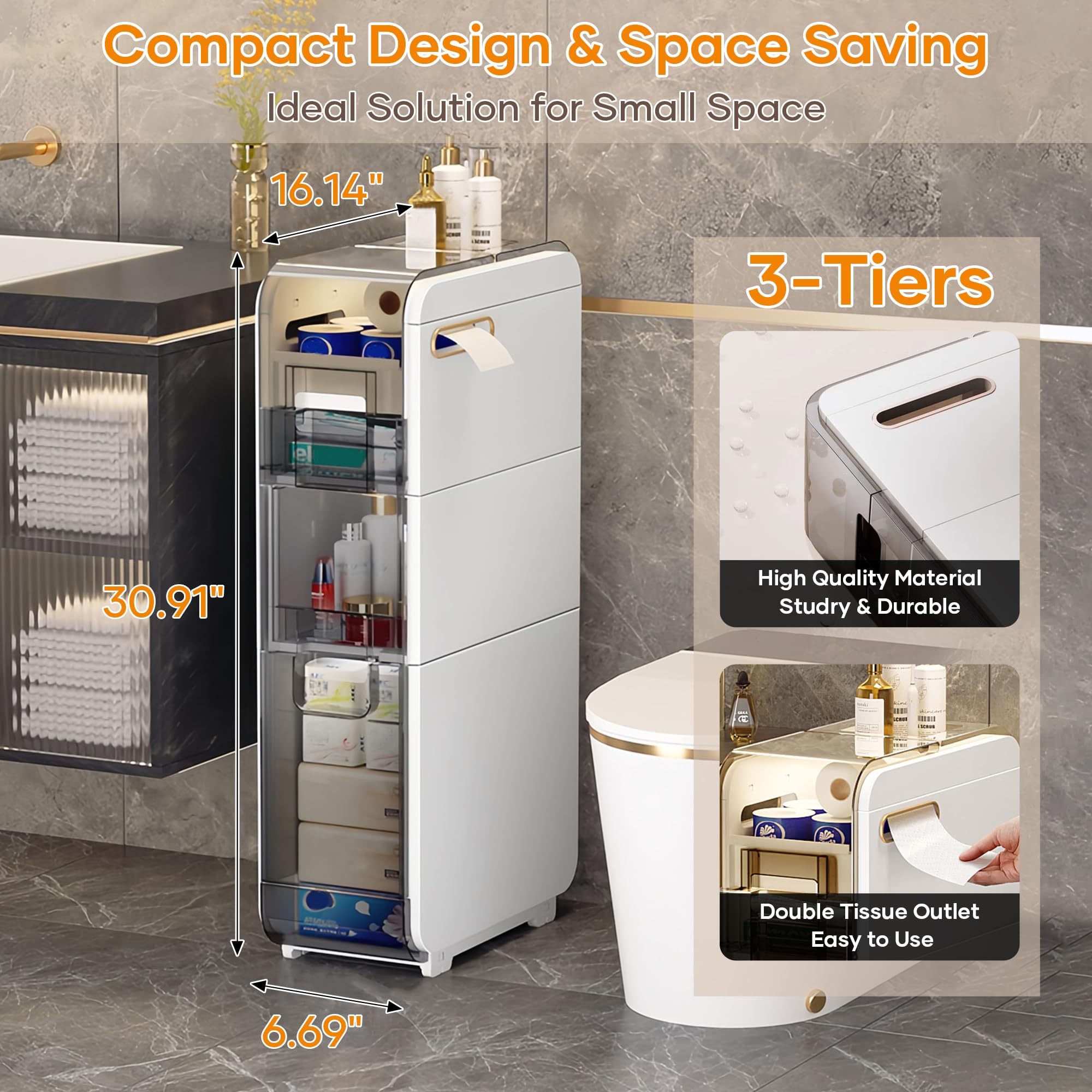 3-Tier Slim Bathroom Storage Cabinet - Narrow Space Organizer with Drawers, Waterproof Plastic for Bathroom, Kitchen & Laundry Room | Perfect for Small Spaces, Apartment Living & Clutter-Free Organization