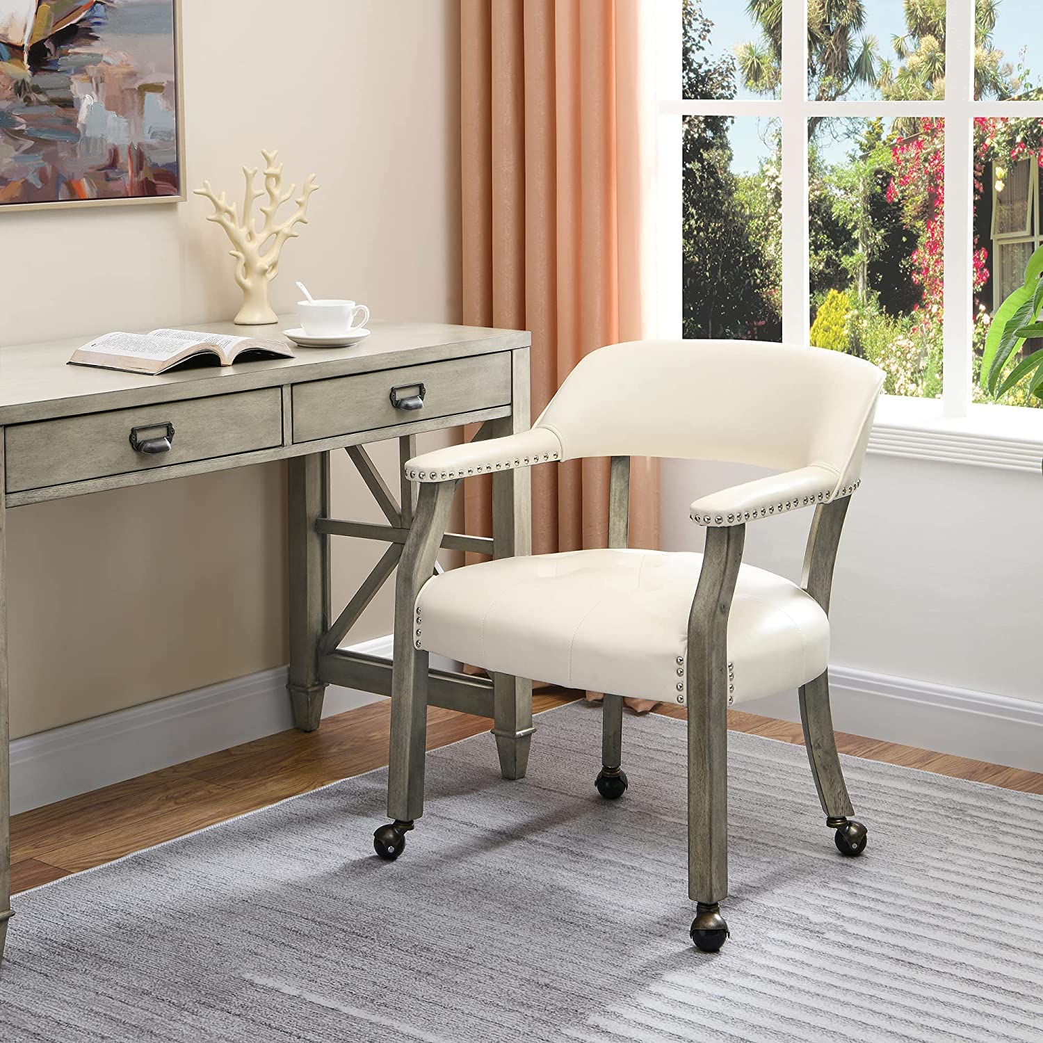 4-Pack Rolling Dining Chairs with Casters - Curved Backrest Captain's Chairs with Smooth Rollers for Kitchen, Office & Game Room - Antique Grey & Ivory White - Perfect for Dining, Poker Nights & Home Office Use