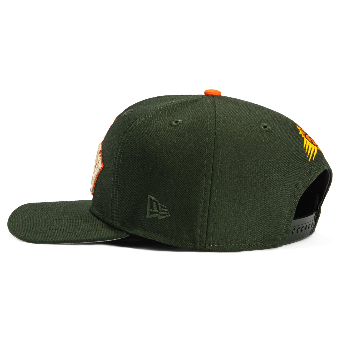 New Era 9Seventy Phoenix Suns City Edition Logo Patch Snapback Hat - Green, Ivory, Orange - Perfect for Basketball Games, Streetwear Fashion & Suns Fan Gifts