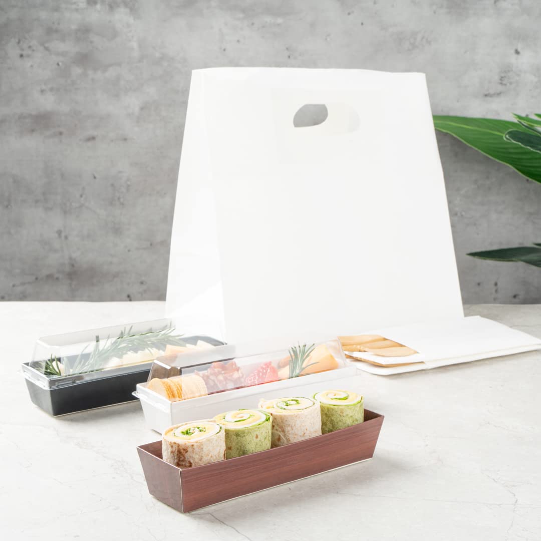 Restaurantware Matsuri Vision 6.5 x 1.7 x 1.4 Inch Disposable Sushi Trays - 100 Greaseproof Wood Grain Paper Sushi Containers for Appetizers, Desserts & Takeout (Lids Sold Separately) | Perfect for Japanese Restaurants, Catering & Food Delivery