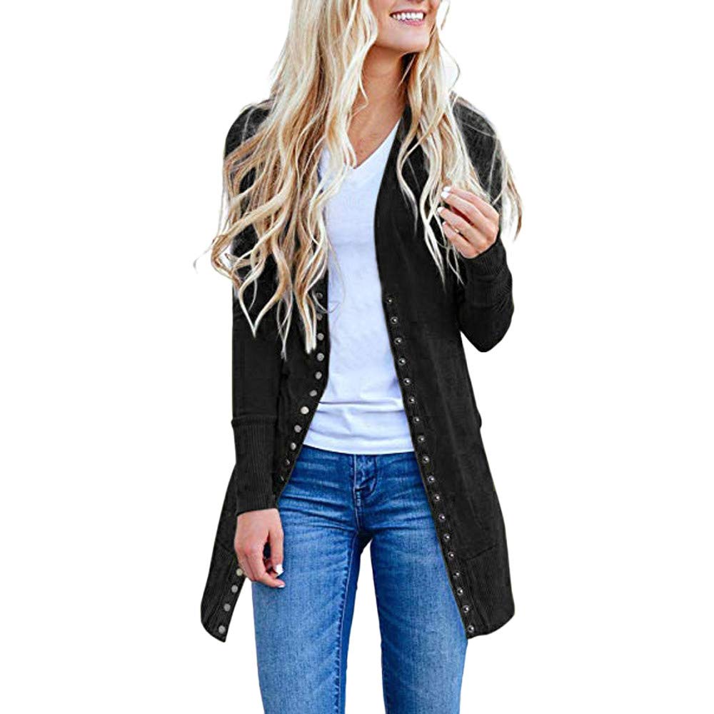 DEATU Women's Open Front Button Down Long Sleeve Cardigan Sweater - Lightweight Drape Knit Wrap Coatigan for Office, Casual & Layering
