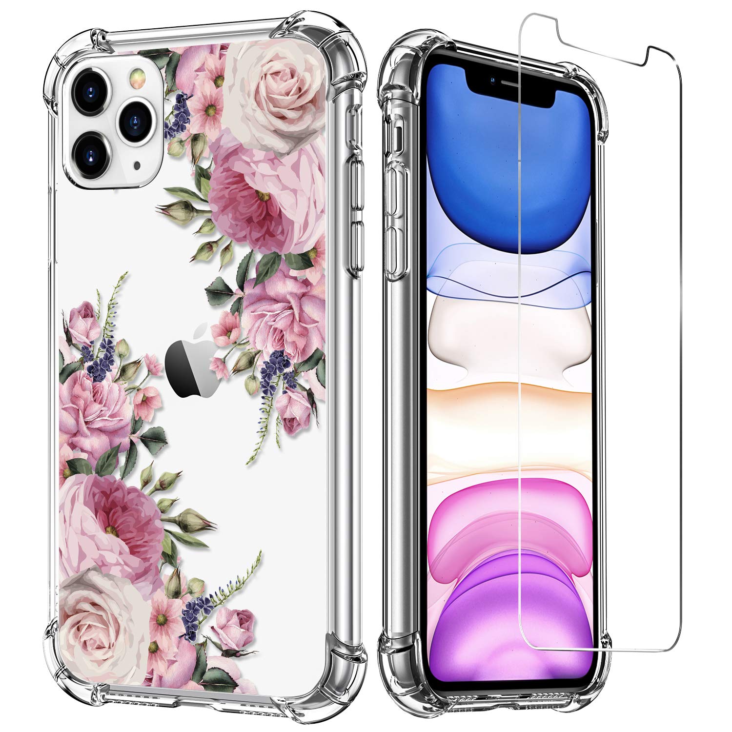 LUXVEER iPhone 11 Pro Max Case with Tempered Glass Screen Protector - Floral Design Soft Clear TPU Cover for Women & Girls, Slim Fit Protective Phone Case for Apple iPhone 11 Pro Max 6.5