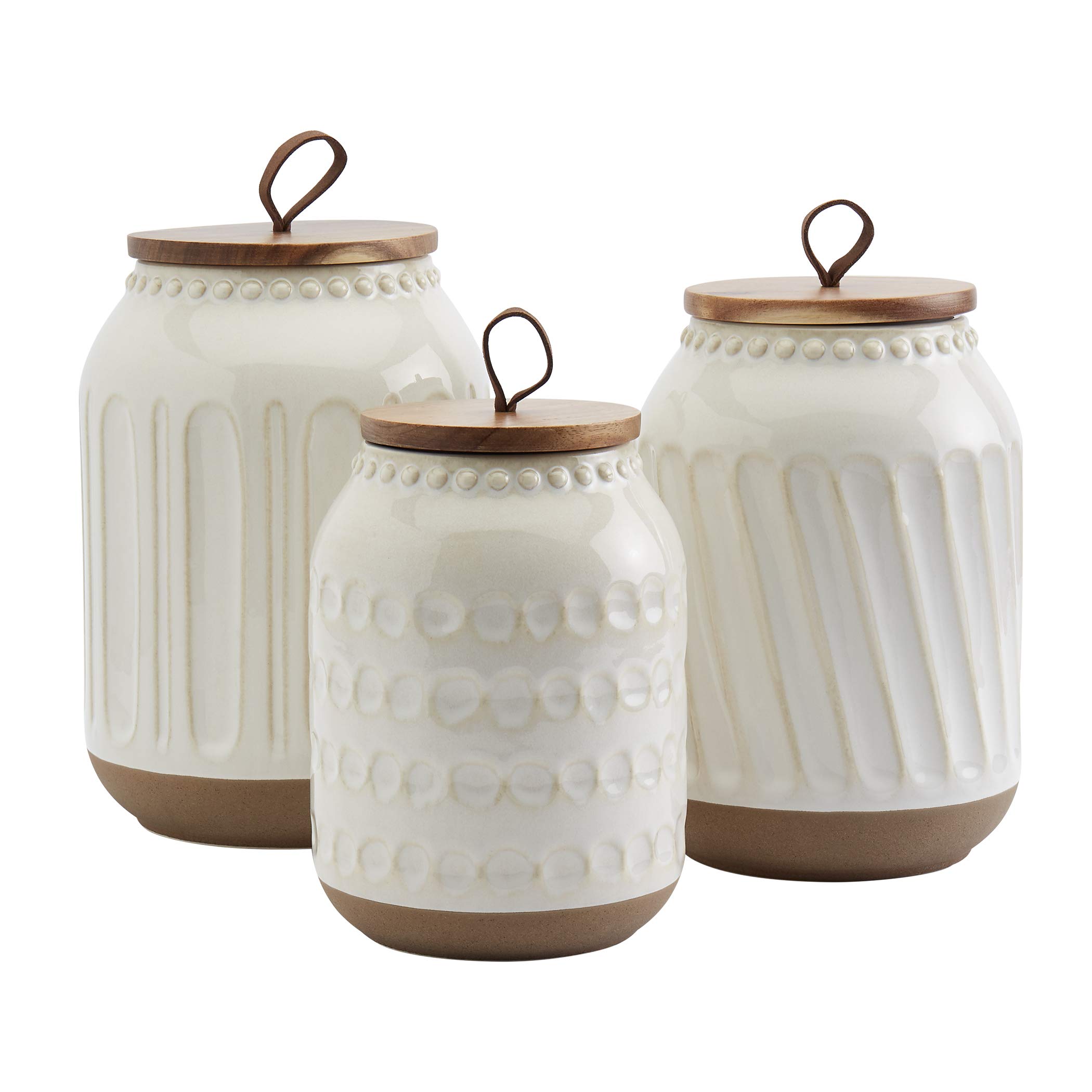 TTU Tabletops Gallery Ceramic Canister Set - 3-Piece Stoneware Kitchen Storage with Embossed Acacia Wood Design in White | Perfect for Countertop Organization, Pantry Storage & Home Decor