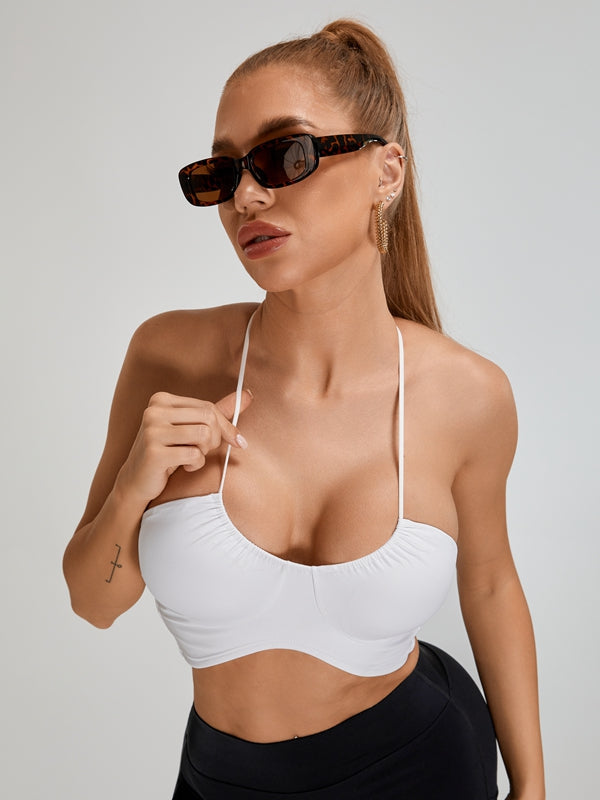 ZASUWA Women's Scrunch Bum Halter Folds Pleated Backless Short Tracksuit - Sexy Gym Outfit for Yoga, Running & Workout