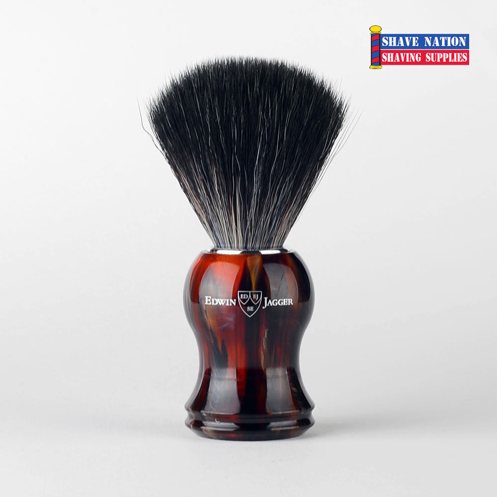 Edwin Jagger Black Synthetic Fiber Shaving Brush with Tortoise Handle - Perfect for Wet Shaving & Grooming Kits, Travel & Luxury Bathroom Essentials
