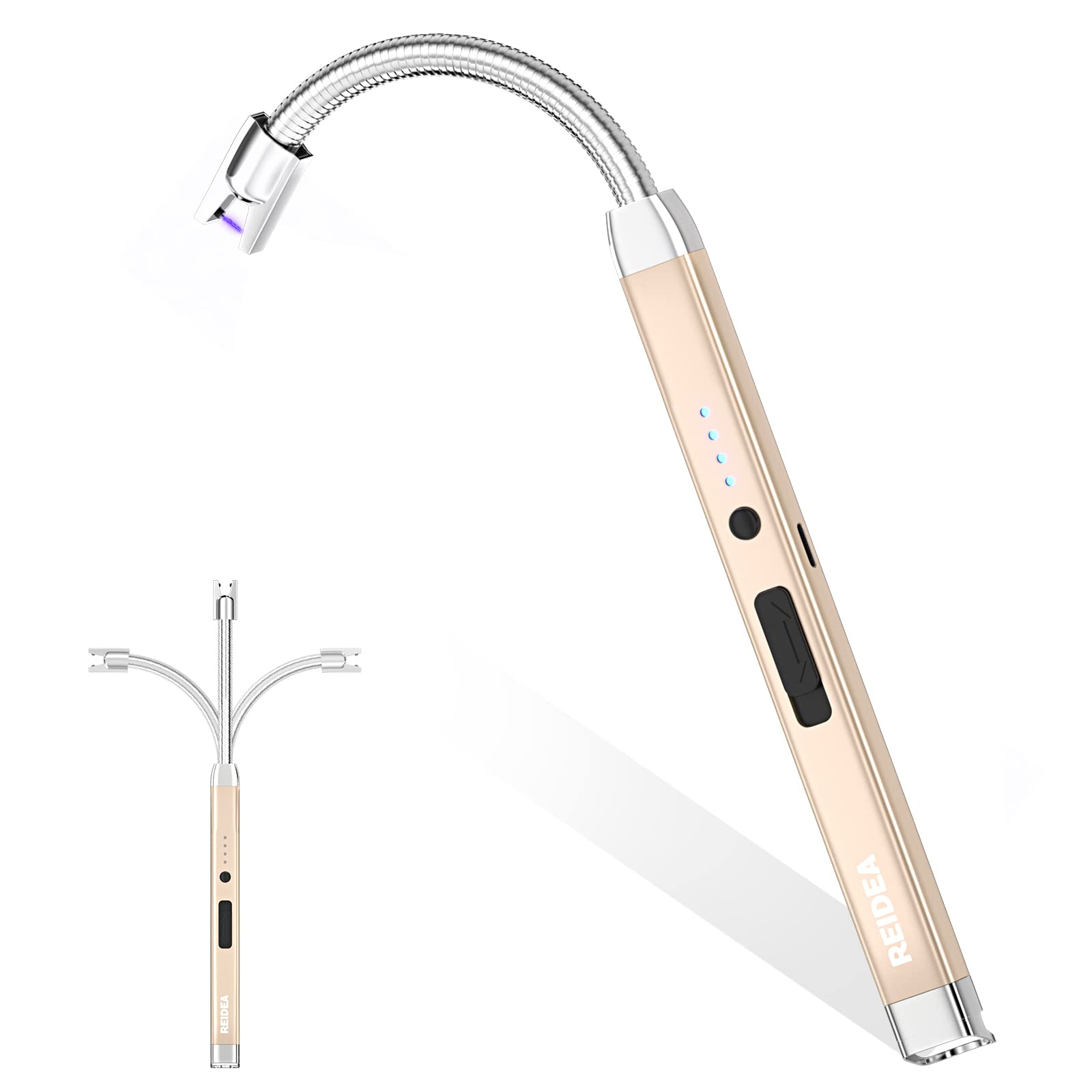 REIDEA Electric Arc Lighter with Safety Lock - USB Rechargeable, LED Battery Indicator, 360° Flexible Neck for Candles, Gas Stoves, Fireworks, Camping & BBQ - Perfect for Home, Outdoor Adventures & Emergency Use (Gold)