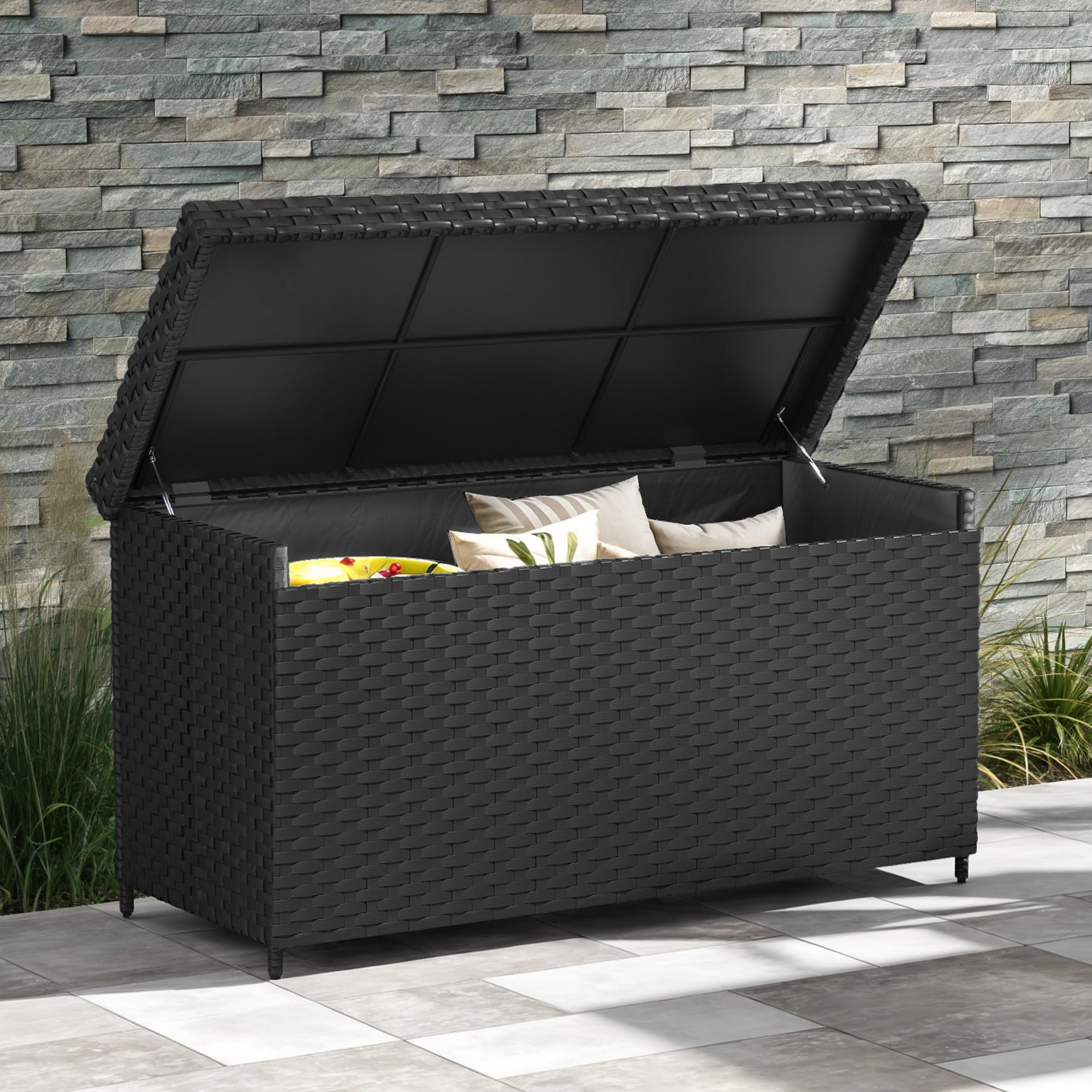 DWVO 170 Gallon Outdoor Storage Box - Weatherproof Wicker Deck Box with Lockable Lid - Large Patio Furniture Storage Container for Cushions, Pool Toys & Garden Tools - Perfect for Backyard, Deck & Poolside Organization (Black)