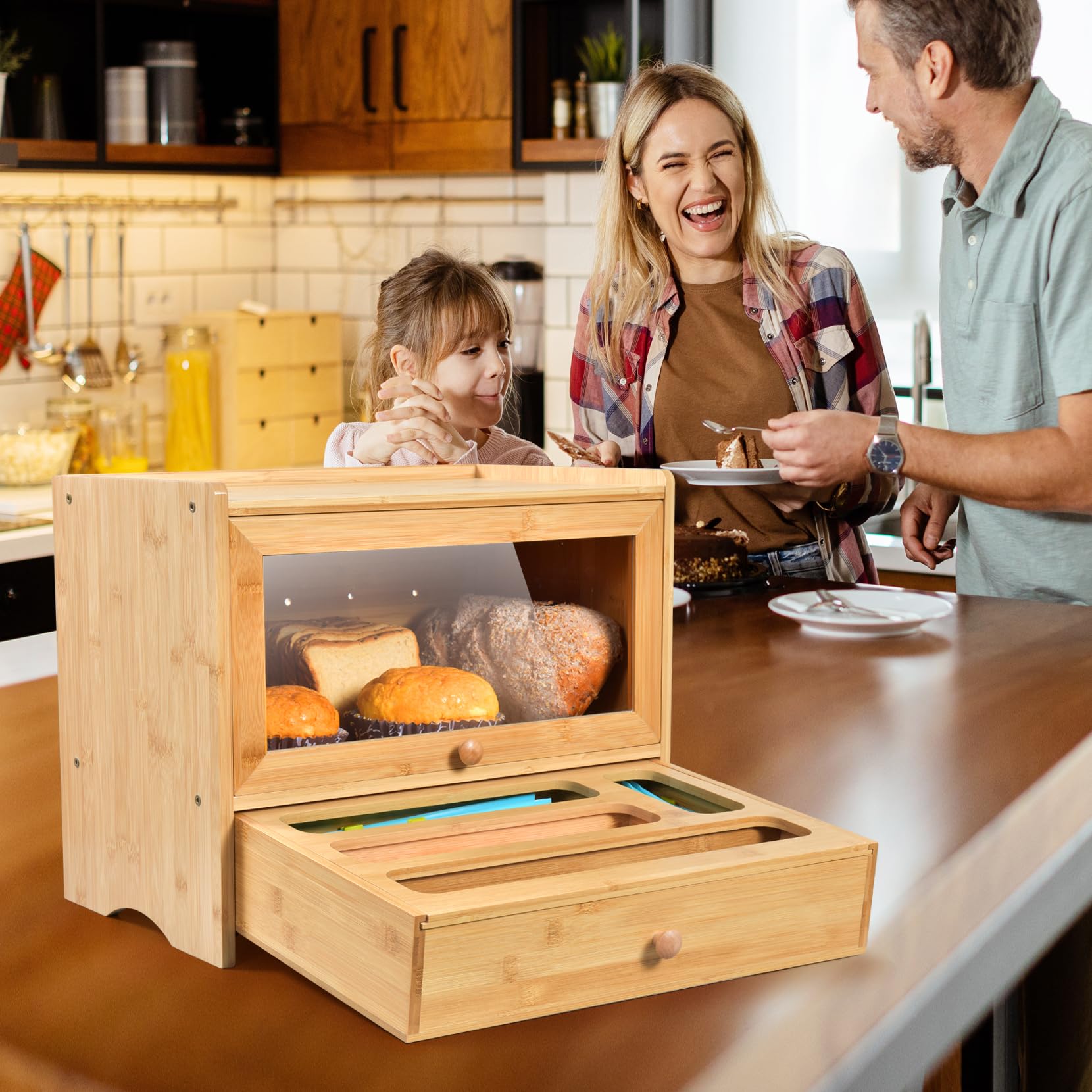 Bamboo Bread Storage Box with Window & Zip Baggie Organizer - Kitchen Countertop Corner Bread Keeper for Homemade Bread, Drawer & Pantry Organization - Perfect for Fresh Bread Storage & Kitchen Counter Space Saving